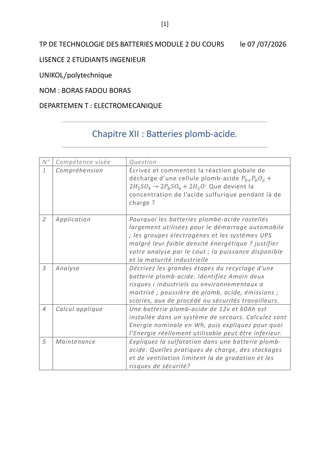 First page of TP DE TECHNOLOGIE DES BATTERIES MODULE 2 DU COURS