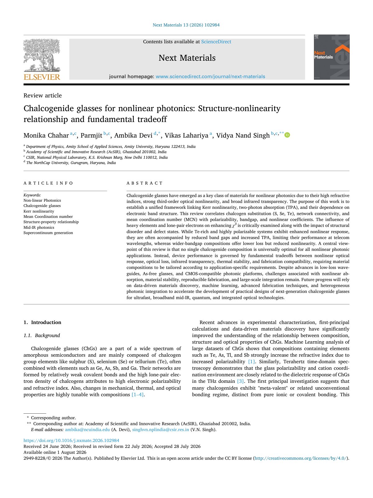 First page of Chalcogenide glasses for nonlinear photonics  Structure nonlin 2026 Next Mat
