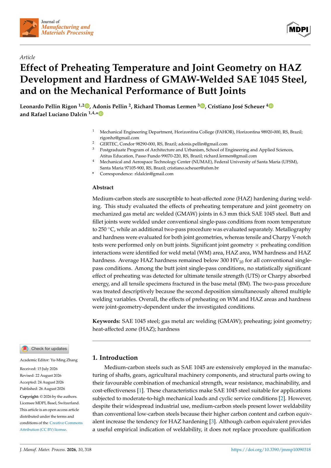 First page of Effect of Preheating Temperature and Joint Geometry on HAZ Development and Hardness of GMAW-Welded SAE 1045 Steel, and on the Mechanical Performance of Butt Joints