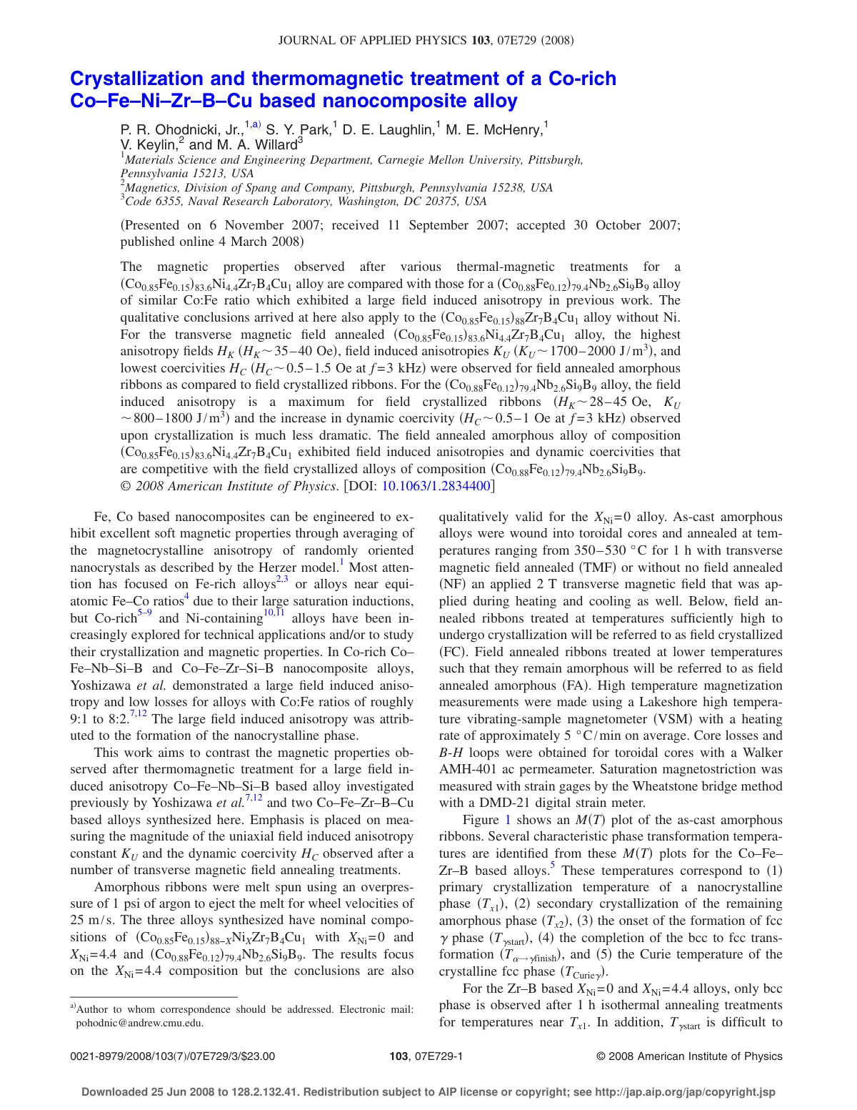 First page of Crystallization and thermomagnetic treatment of a Co-rich Co–Fe–Ni–Zr–B–Cu based nanocomposite alloy