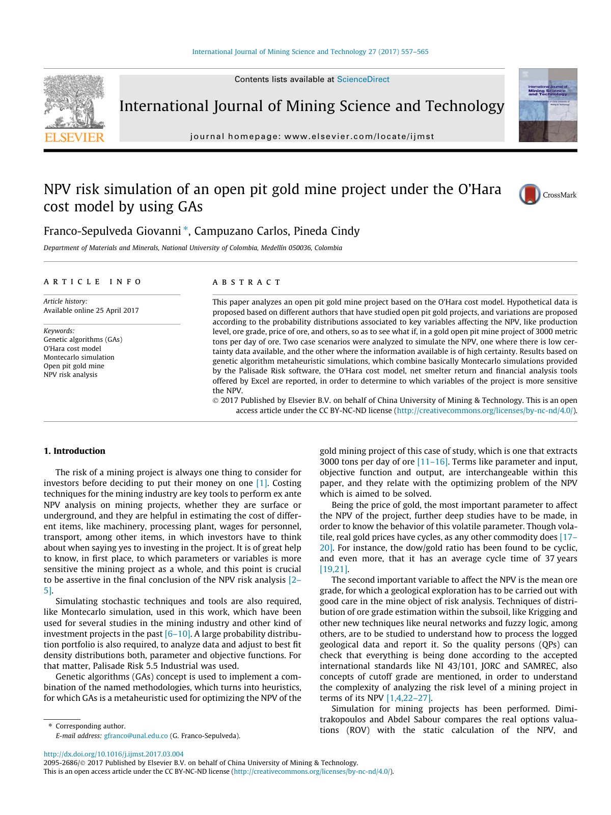 First page of NPV risk simulation of an open pit gold