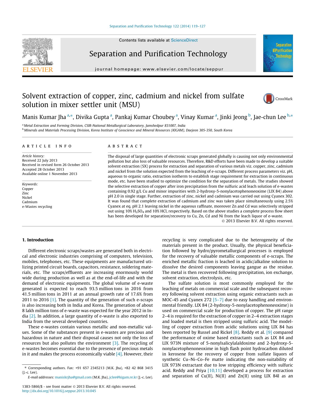 First page of Solvent extraction of copper zinc cadmiu