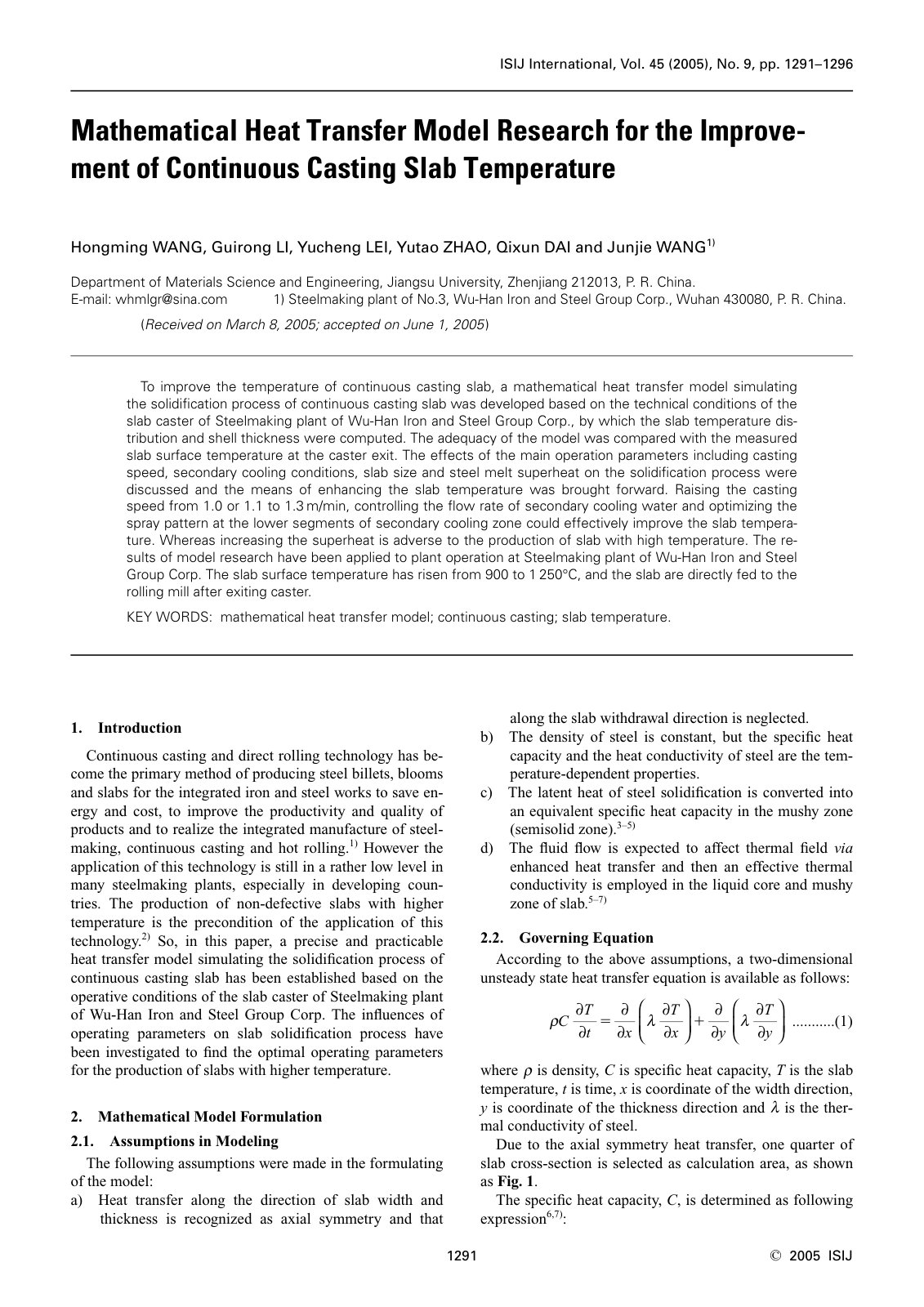 First page of 2005 Hongming Wang Mathematical Heat Transfer Model Research for the Improvement of Continuous Casting Slab Temperature isijinternational.45.1291