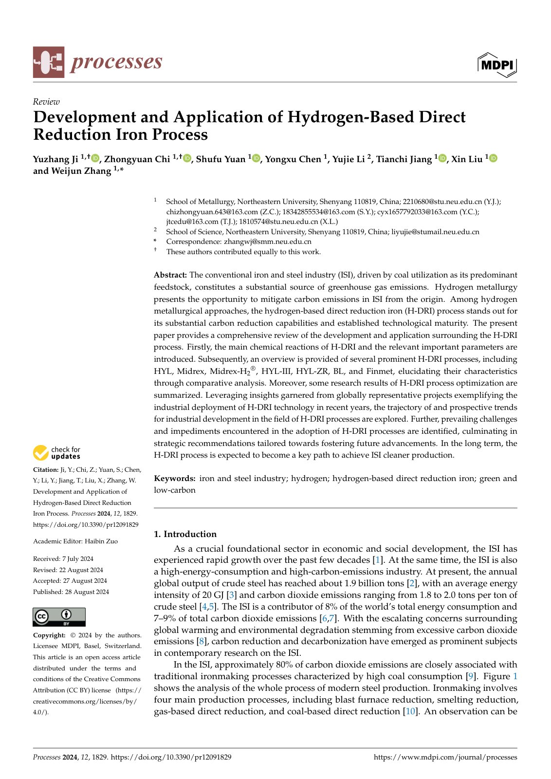 First page of Development and Application of Hydrogen-Based Direct Reduction Iron Process