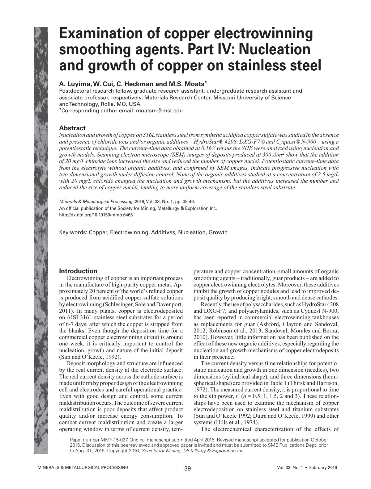 First page of Examination of copper electrowinning smoothing agents. Part IV: Nucleation and growth of copper on stainless steel