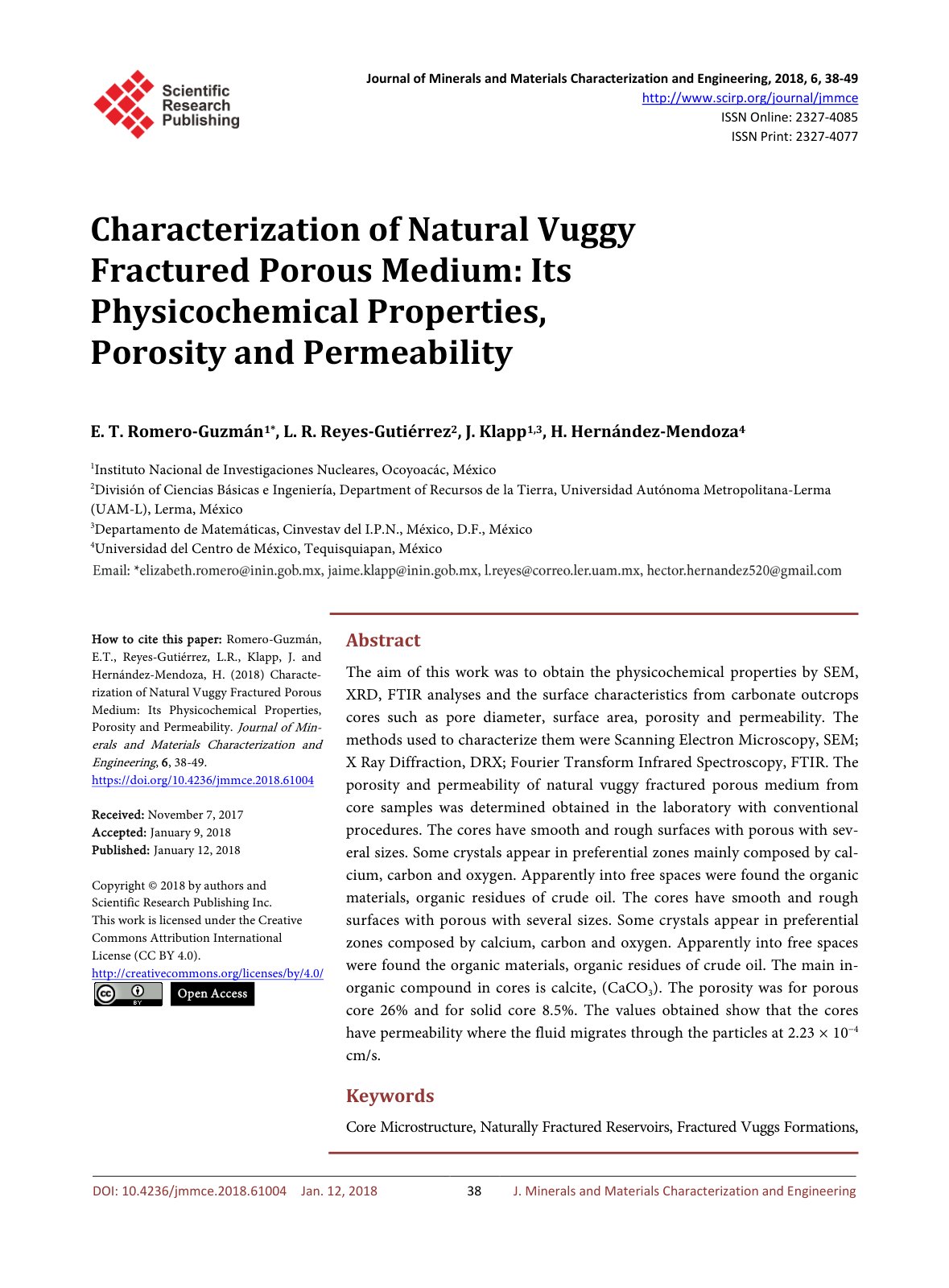 First page of Characterization of Natural Vuggy Fractured Porous Medium: Its Physicochemical Properties, Porosity and Permeability
