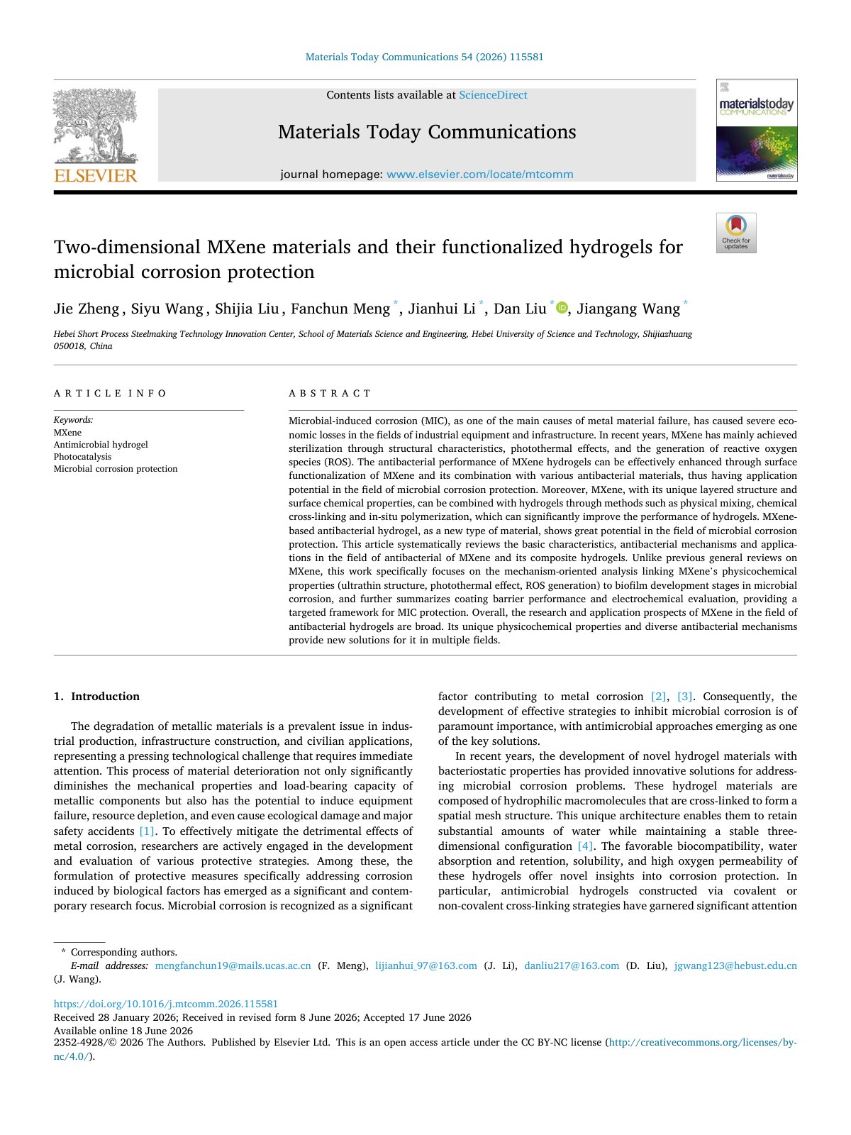 First page of Two dimensional MXene materials and their functionaliz 2026 Materials Today 