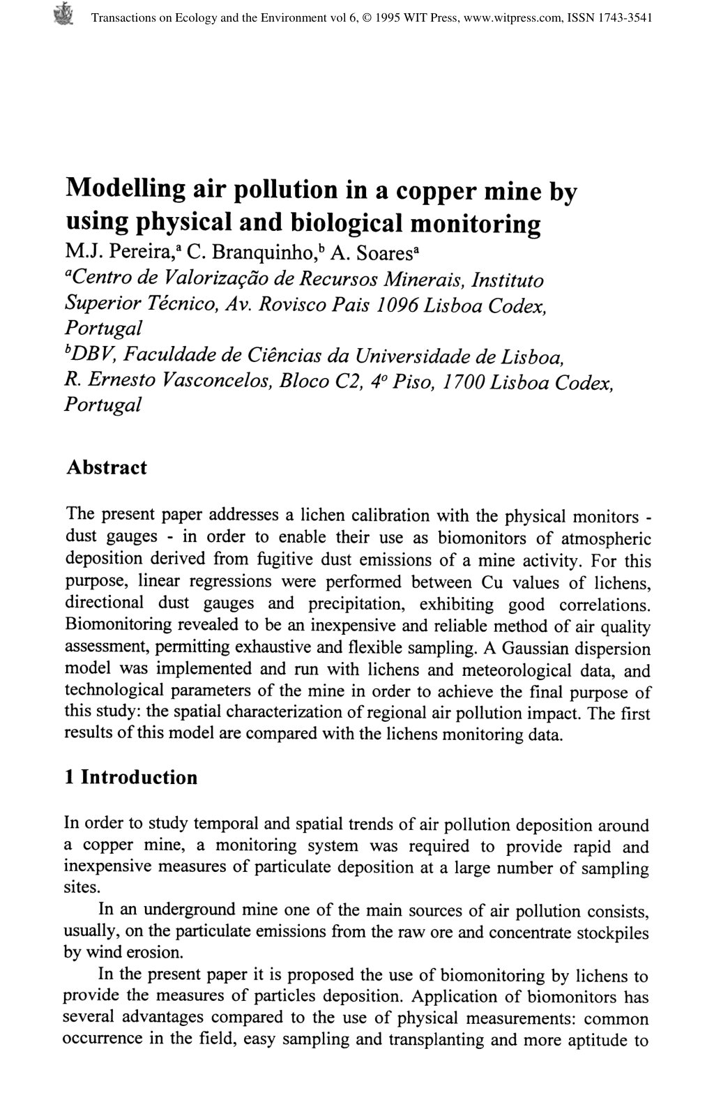 First page of Modelling air pollution in a copper mine by using physical and biological monitoring