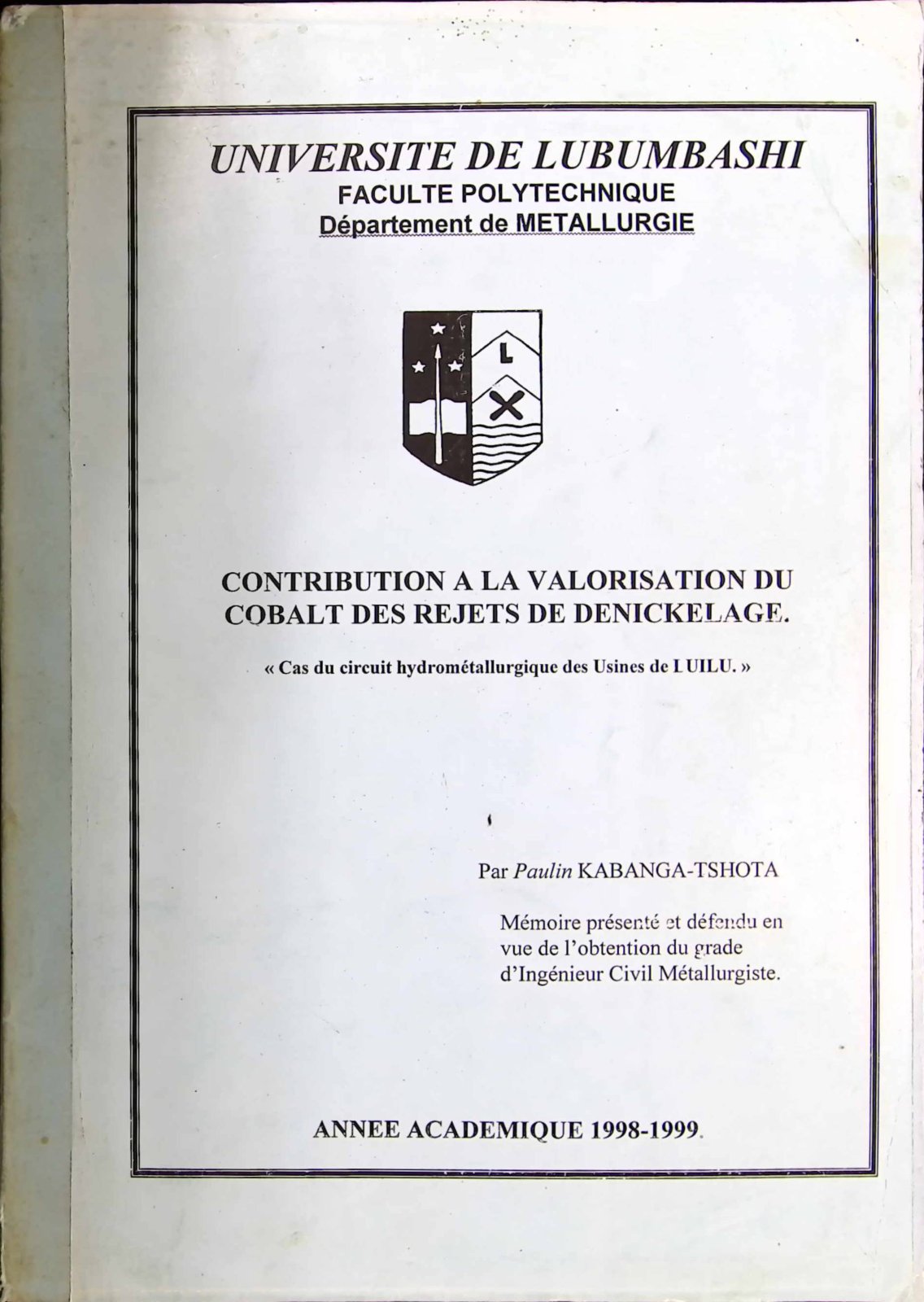 First page of CONTRIBUTION A LA VALORISATION DU Cobalt des rejets de denickelage. « Cas du circuit hydrométallurgique des Usines de l'UILU. »