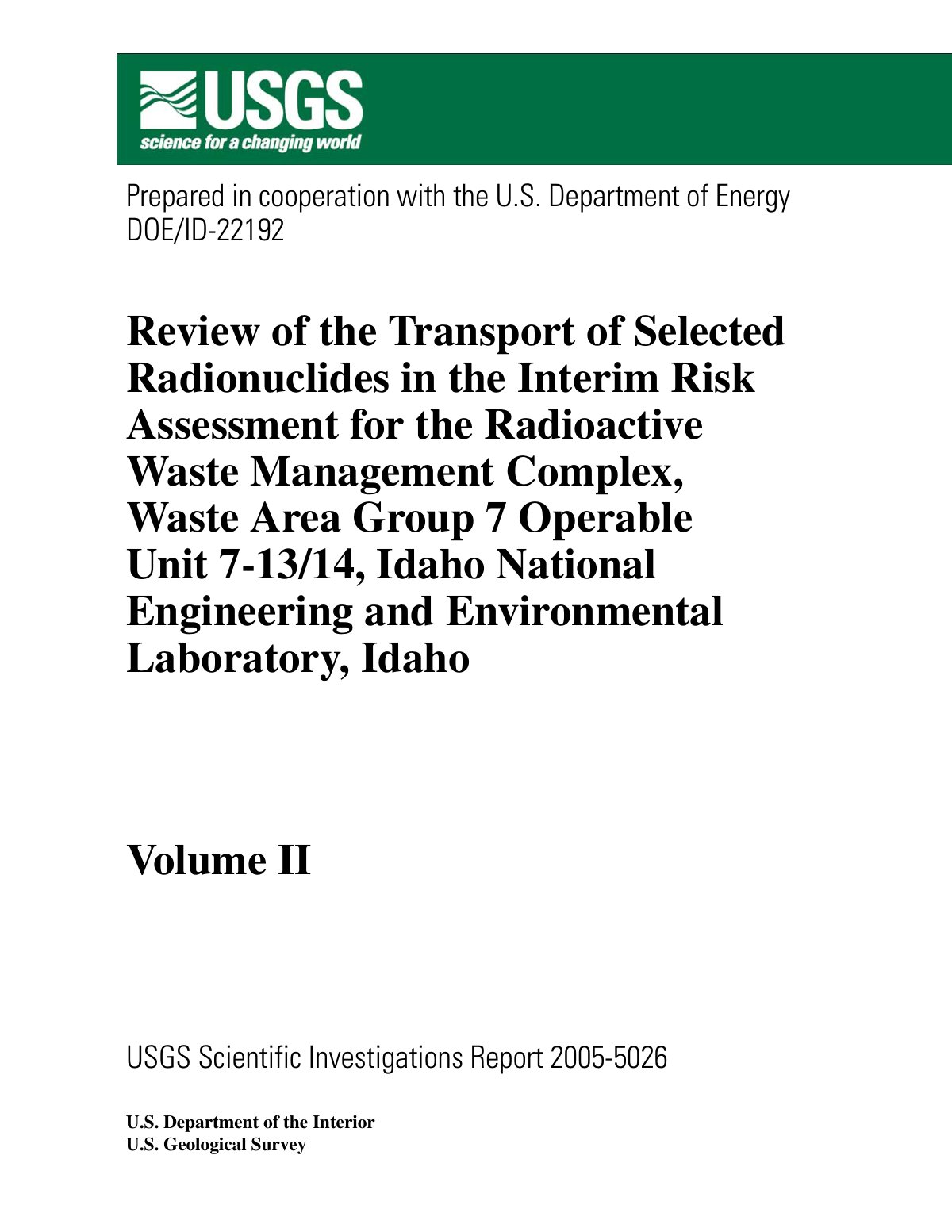 First page of Review of the Transport of Selected Radionuclides in the Interim Risk Assessment for the Radioactive Waste Management Complex, Waste Area Group 7 Operable Unit 7-13/14, Idaho National Engineering and Environmental Laboratory, Idaho