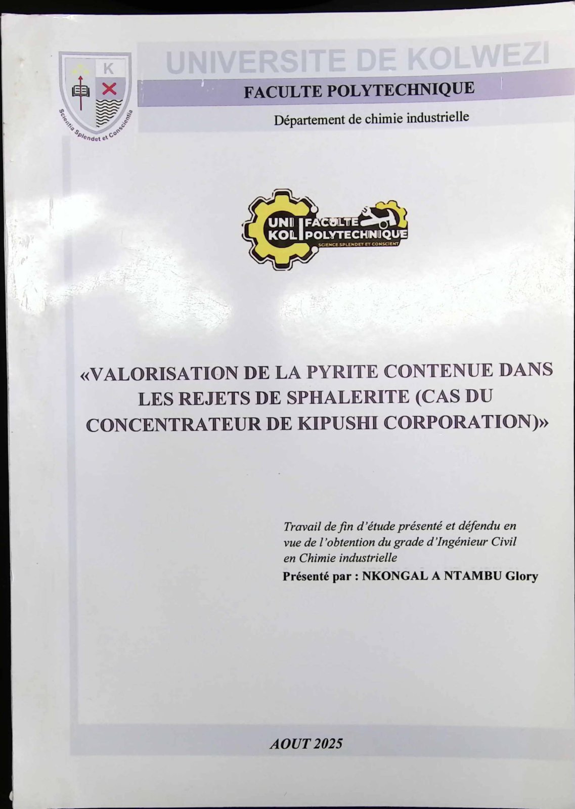 First page of VALORISATION DE LA PYRITE CONTENUE DANS LES REJETS DE SPHALERITE (CAS DU CONCENTRATEUR DE KIPUSHI CORPORATION)