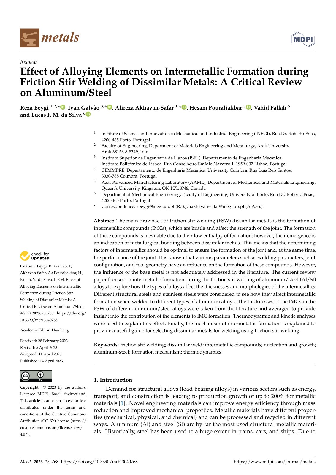 First page of Effect of Alloying Elements on Intermetallic Formation during Friction Stir Welding of Dissimilar Metals: A Critical Review on Aluminum/Steel