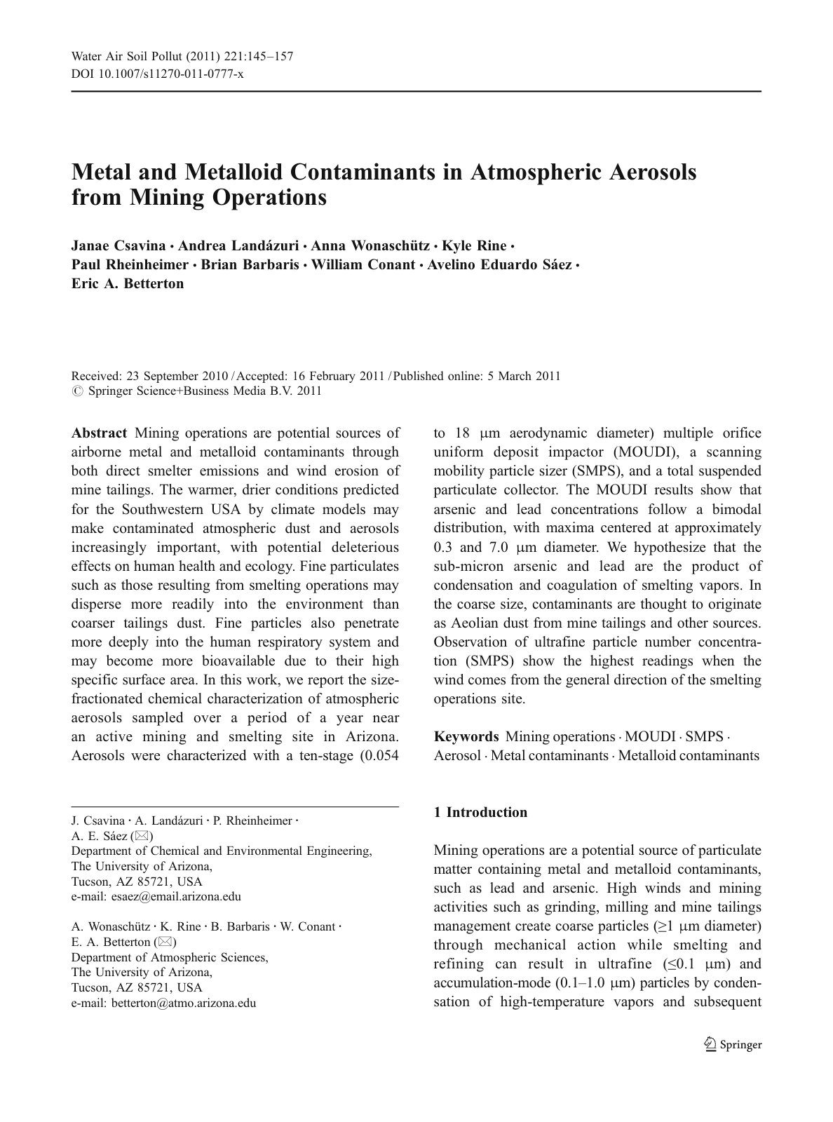First page of Metal and Metalloid Contaminants in Atmospheric Aerosols from Mining Operations