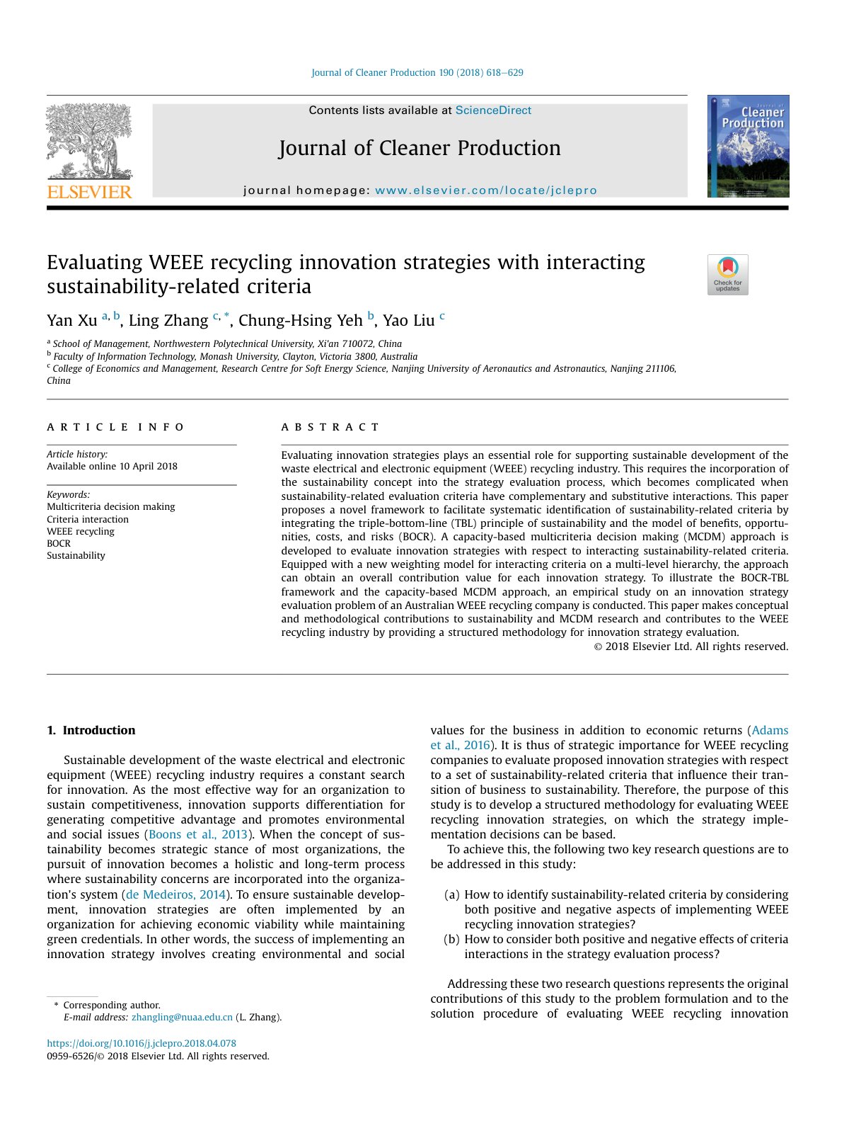 First page of Evaluating WEEE recycling innovation strategies with i 2018 Journal of Clean