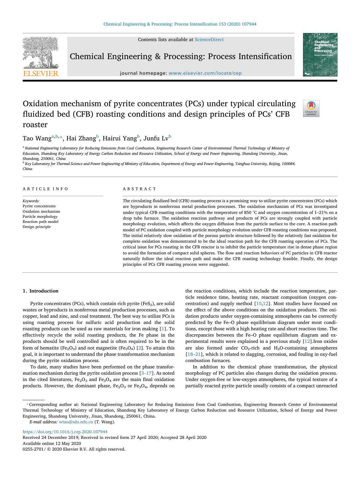 First page of Oxidation mechanism of pyrite concentrates (PCs) under typical circulating fluidized bed (CFB) roasting conditions and design principles of PCs’ CFB roaster