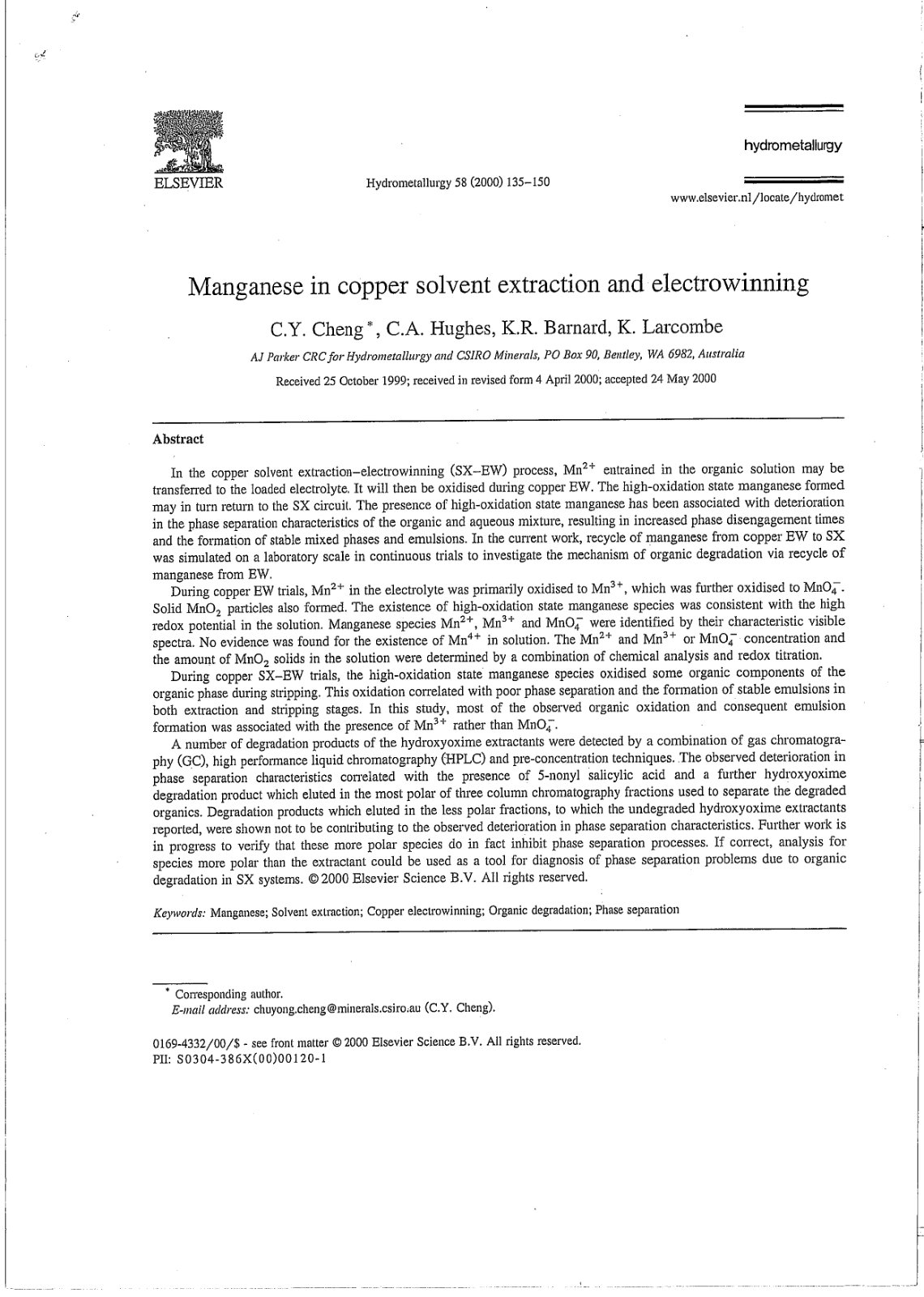 First page of Manganese in copper solvent extraction a