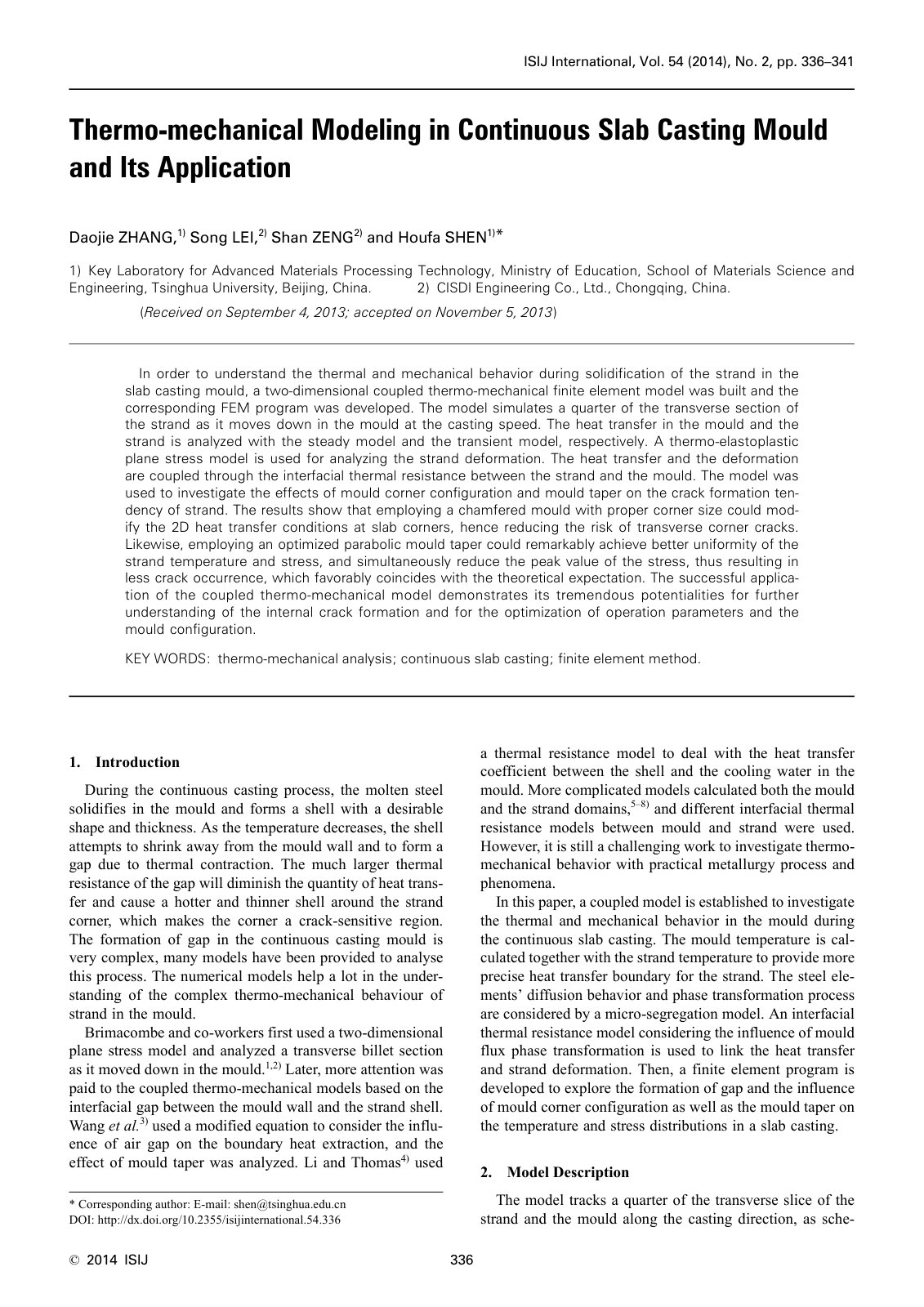 First page of Thermo-mechanical Modeling in Continuous Slab Casting Mould and Its Application