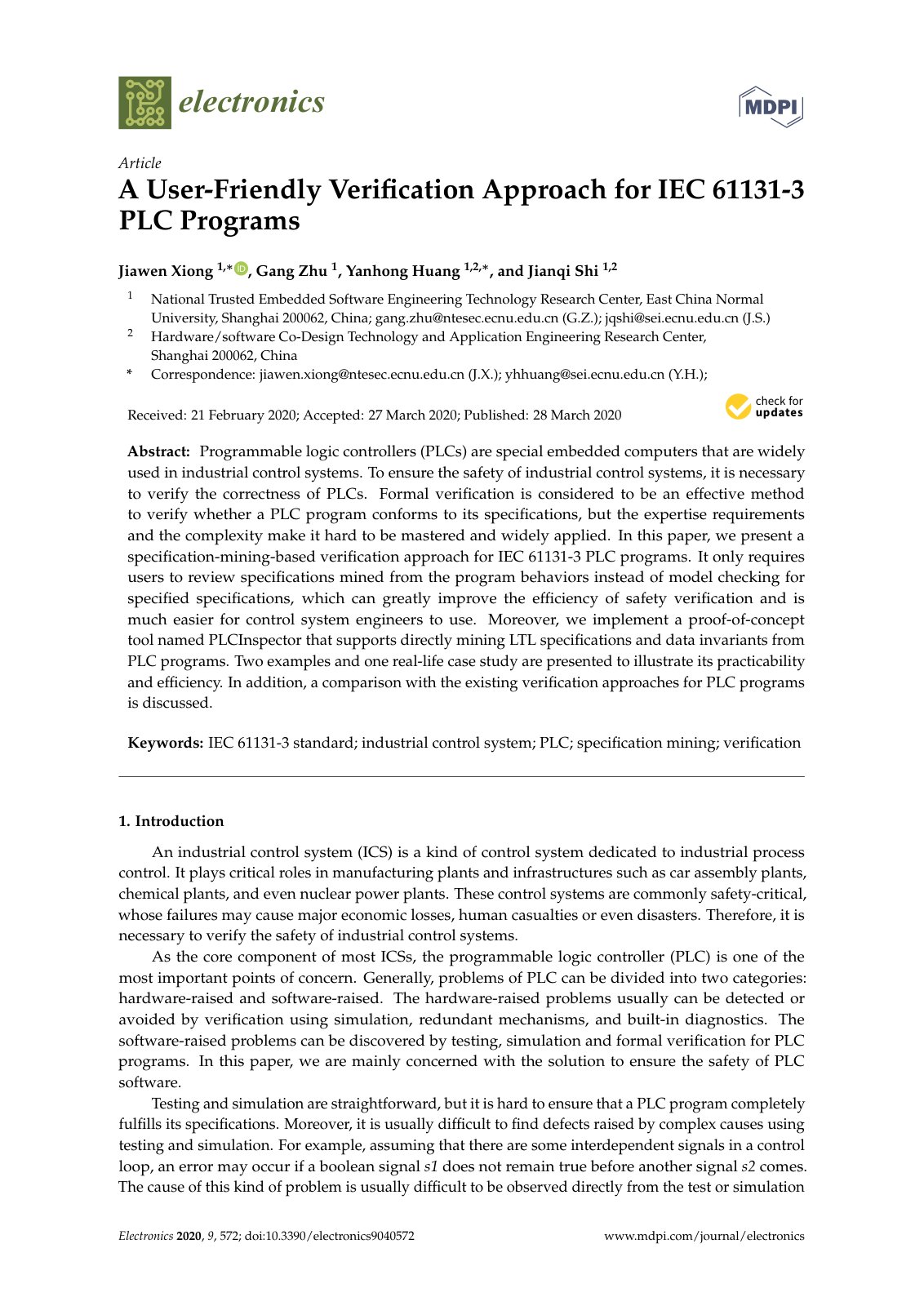 First page of A User-Friendly Verification Approach for IEC 61131-3 PLC Programs