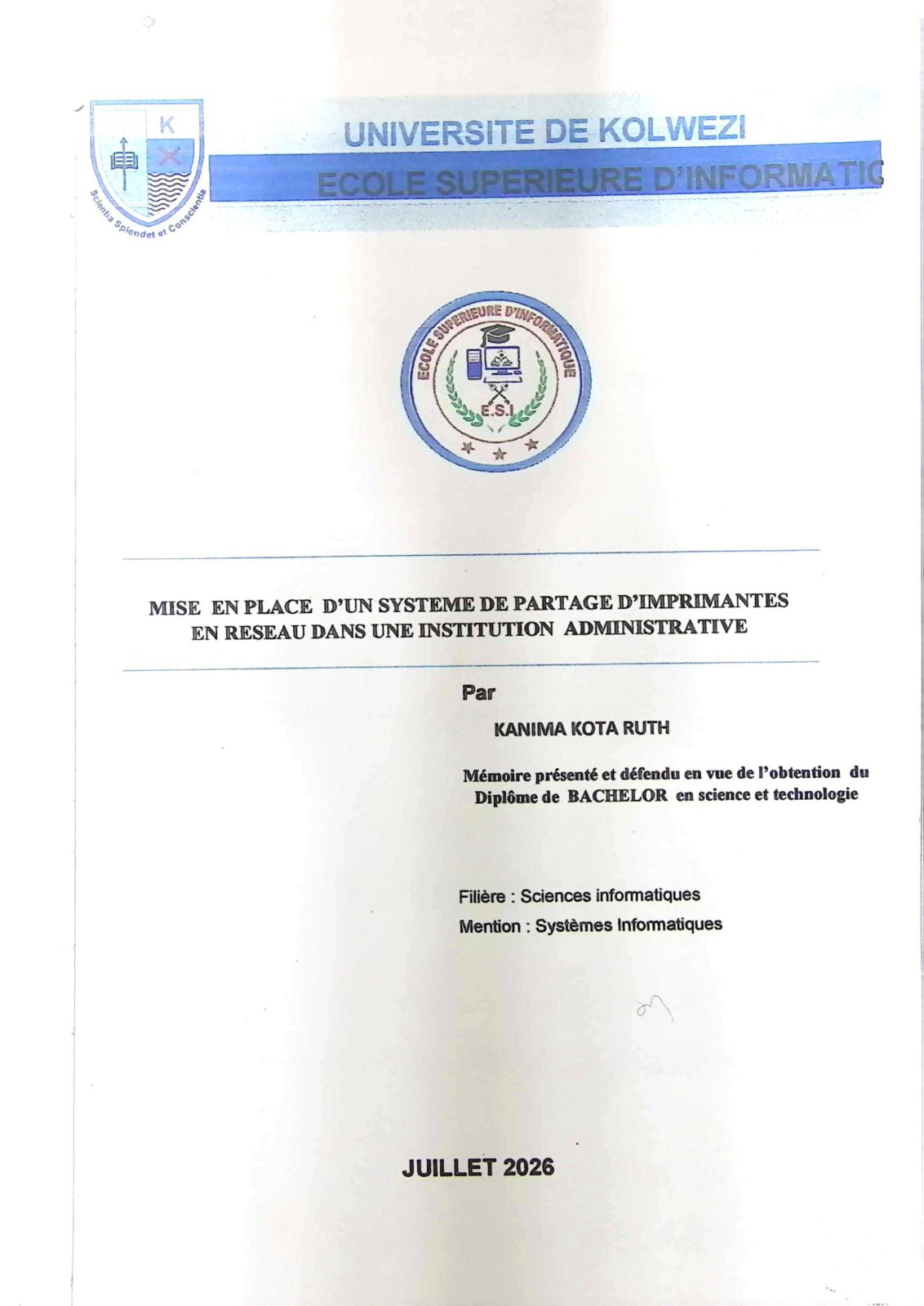 First page of MISE EN PLACE D'UN SYSTEME DE PARTAGE D'IMPRIMANTES EN RESEAU DANS UNE INSTITUTION ADMINISTRATIVE
