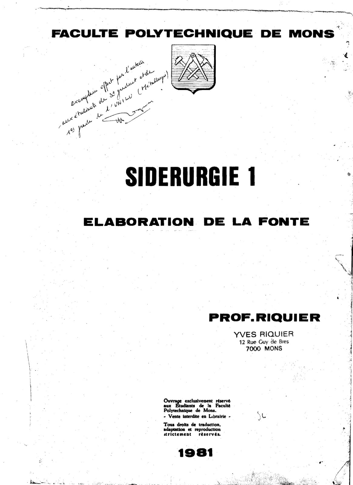 First page of Siderurgie I Elaboration de la fonte Prof Yves Riquier
