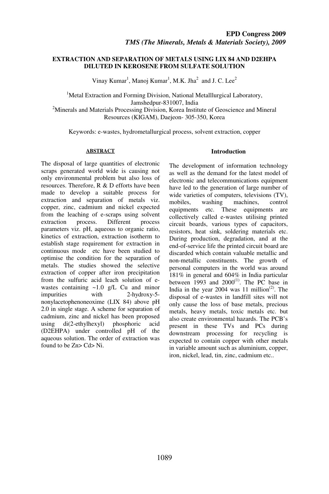 First page of Extraction and Separation of Metals Using LIX 84 and D2EHPA Diluted in Kerosene from Sulfate Solution