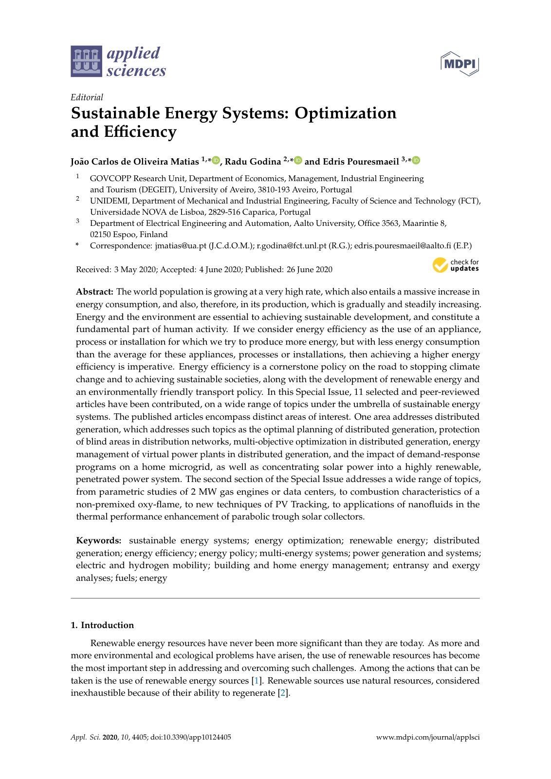 First page of Sustainable Energy Systems Optimization