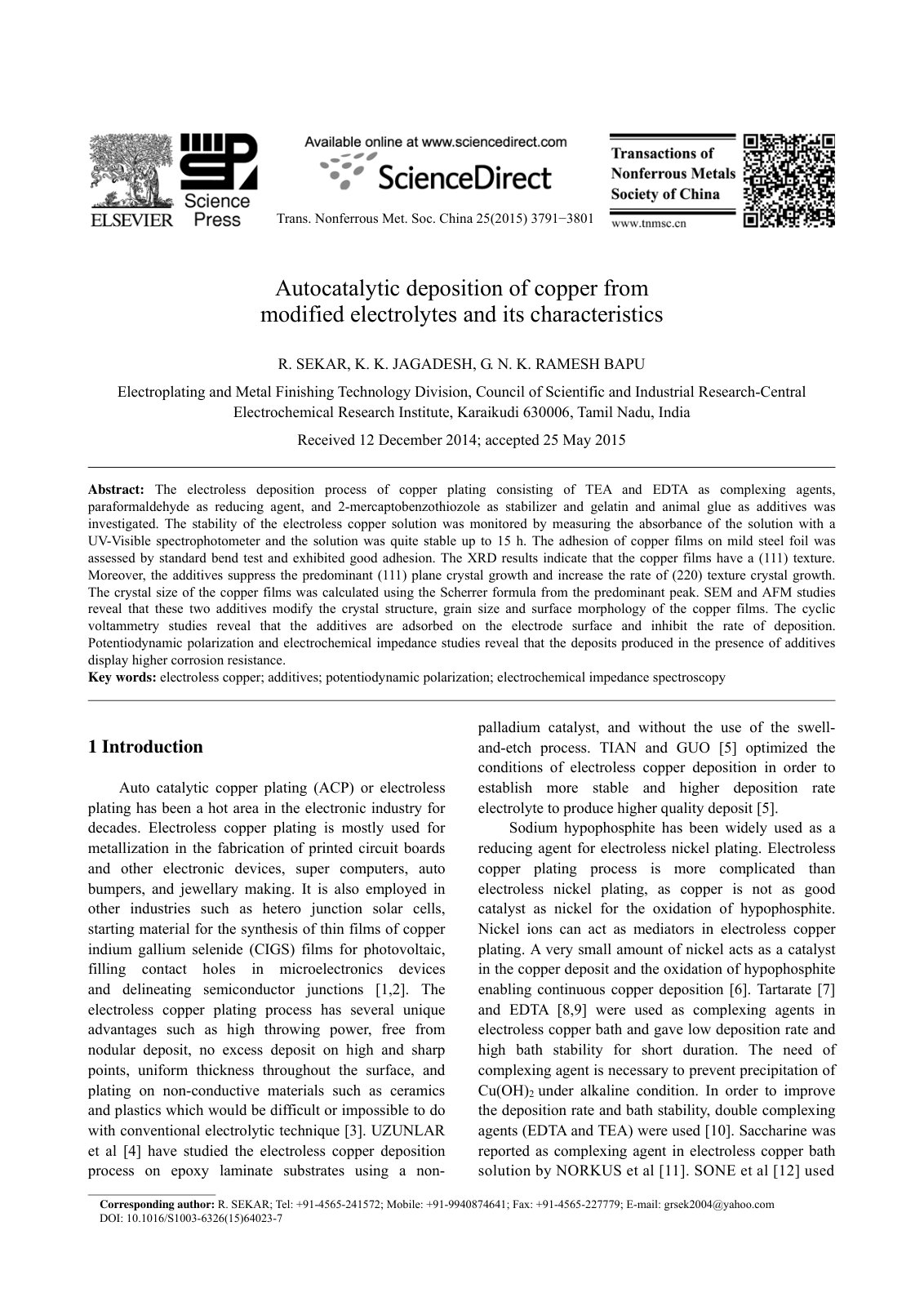 First page of Autocatalytic deposition of copper from modified electrolytes and its characteristics