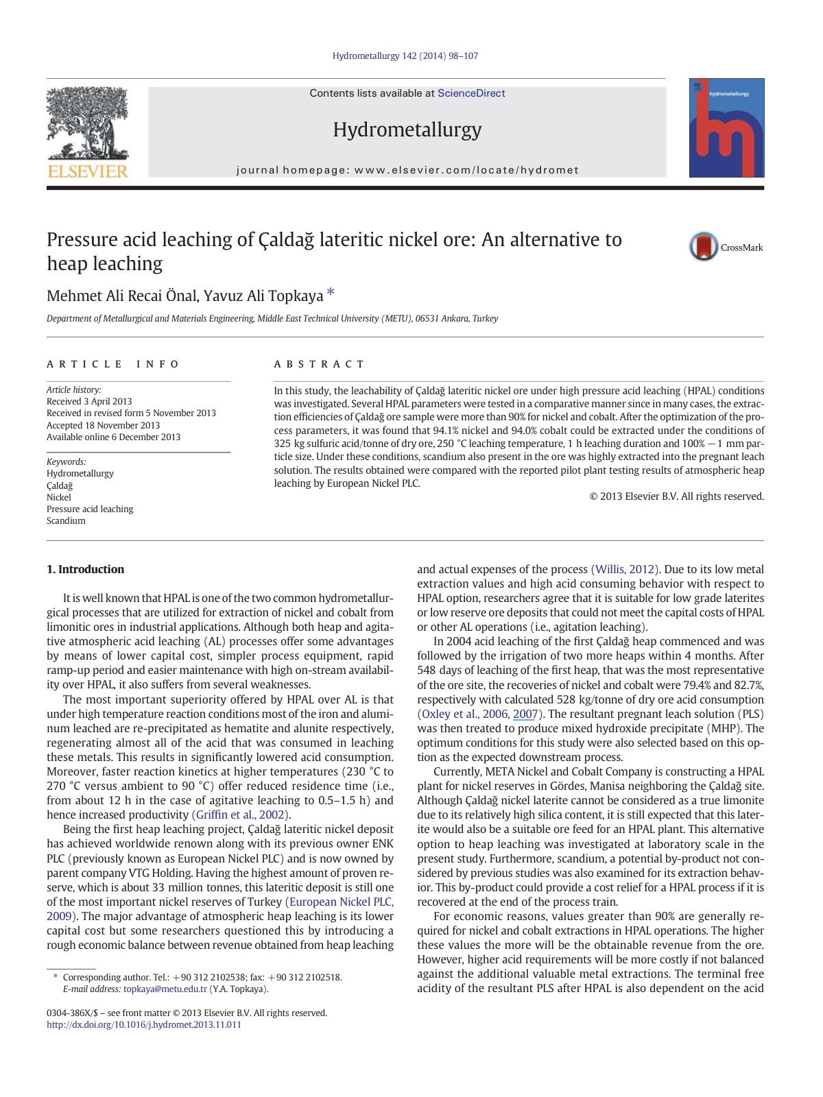 First page of Pressure acid leaching of Çaldağ lateritic nickel ore: An alternative to heap leaching