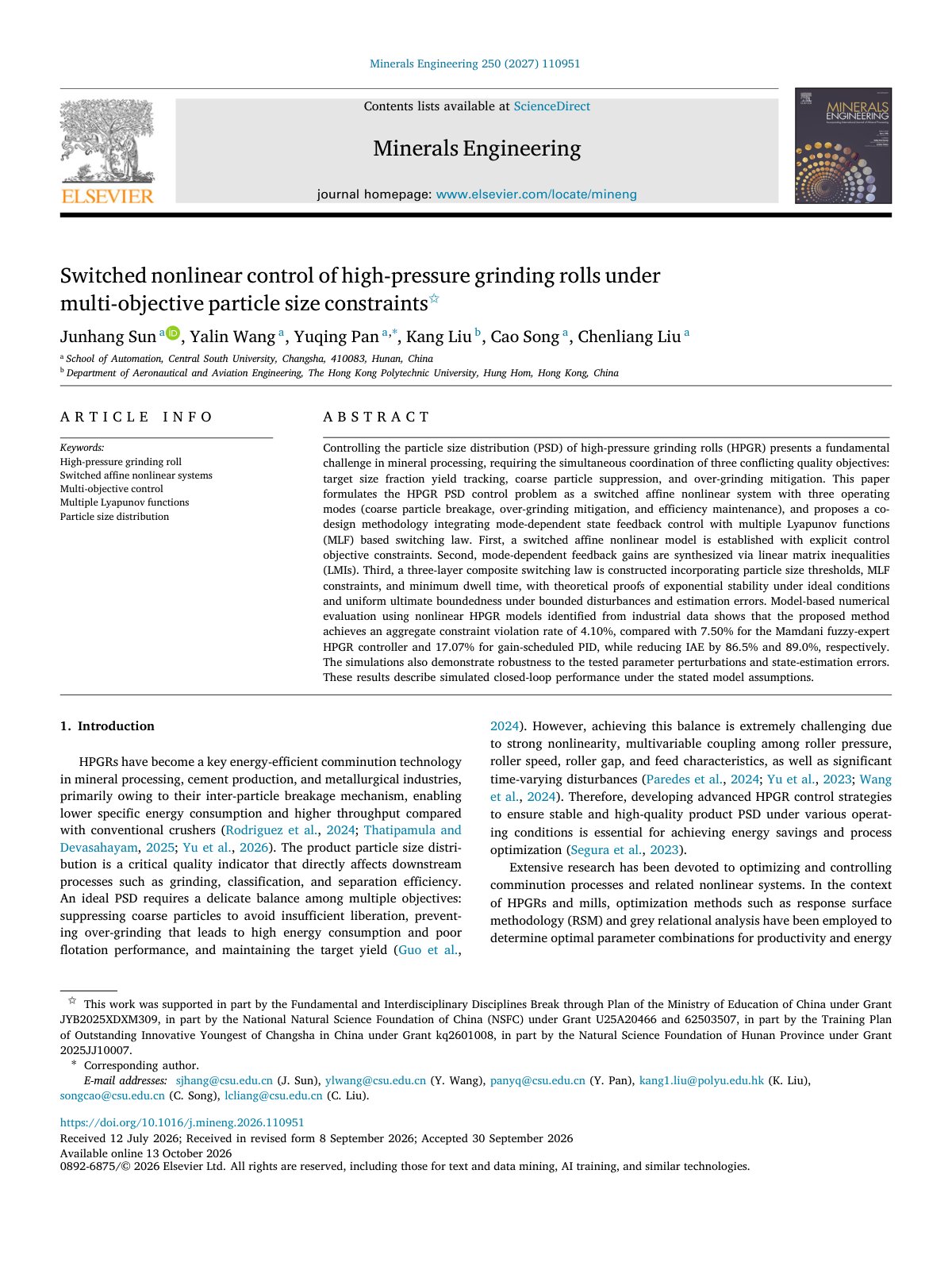 First page of Switched nonlinear control of high pressure grinding rolls  2027 Minerals En
