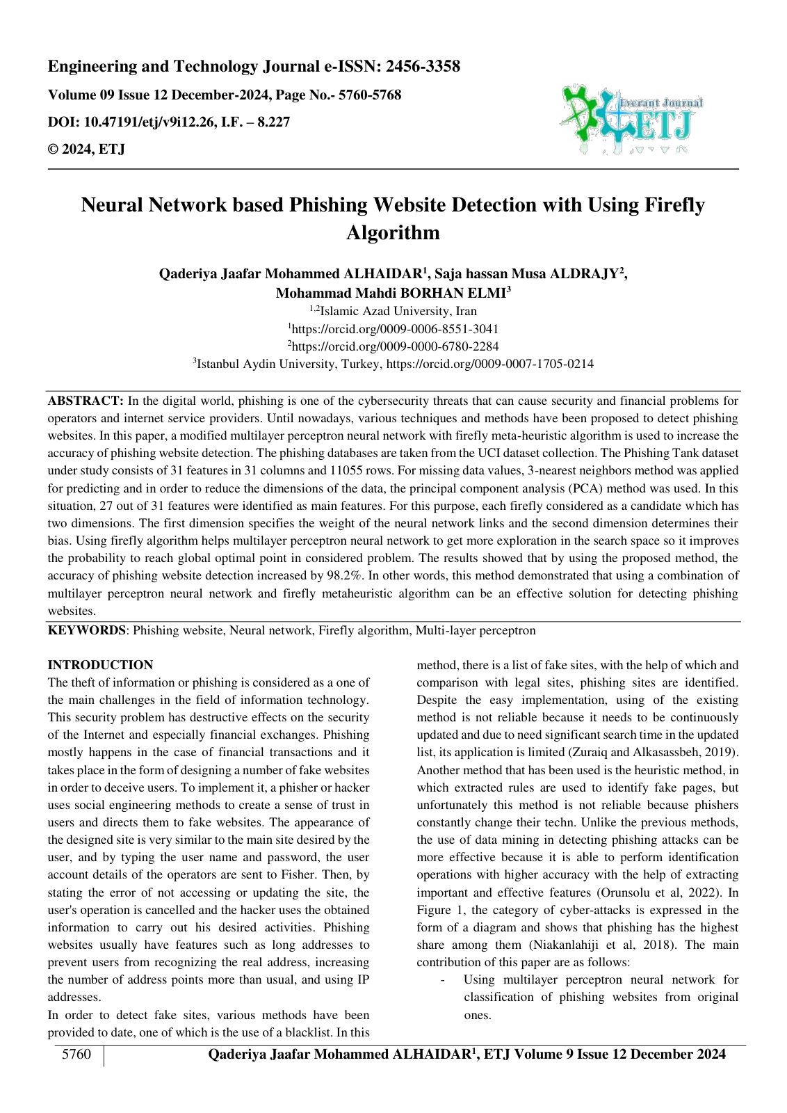 First page of Neural Network based Phishing Website Detection with Using Firefly 