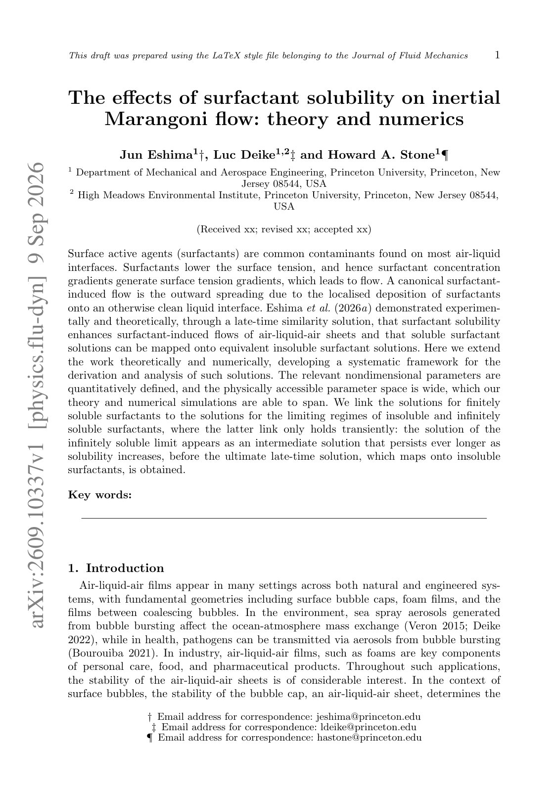 First page of The effects of surfactant solubility on inertial Marangoni flow: theory and numerics