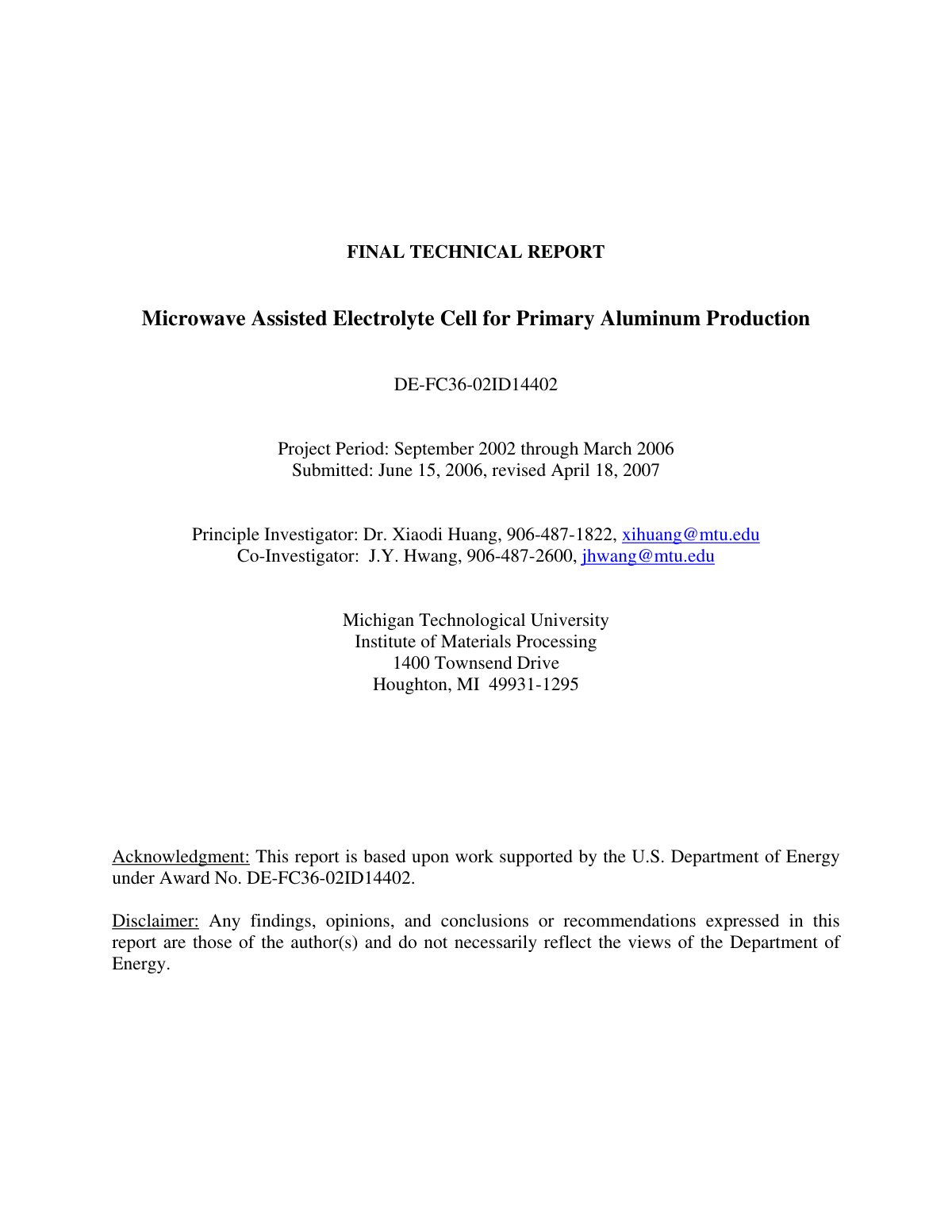 First page of Final Technical Report Microwave Assiste