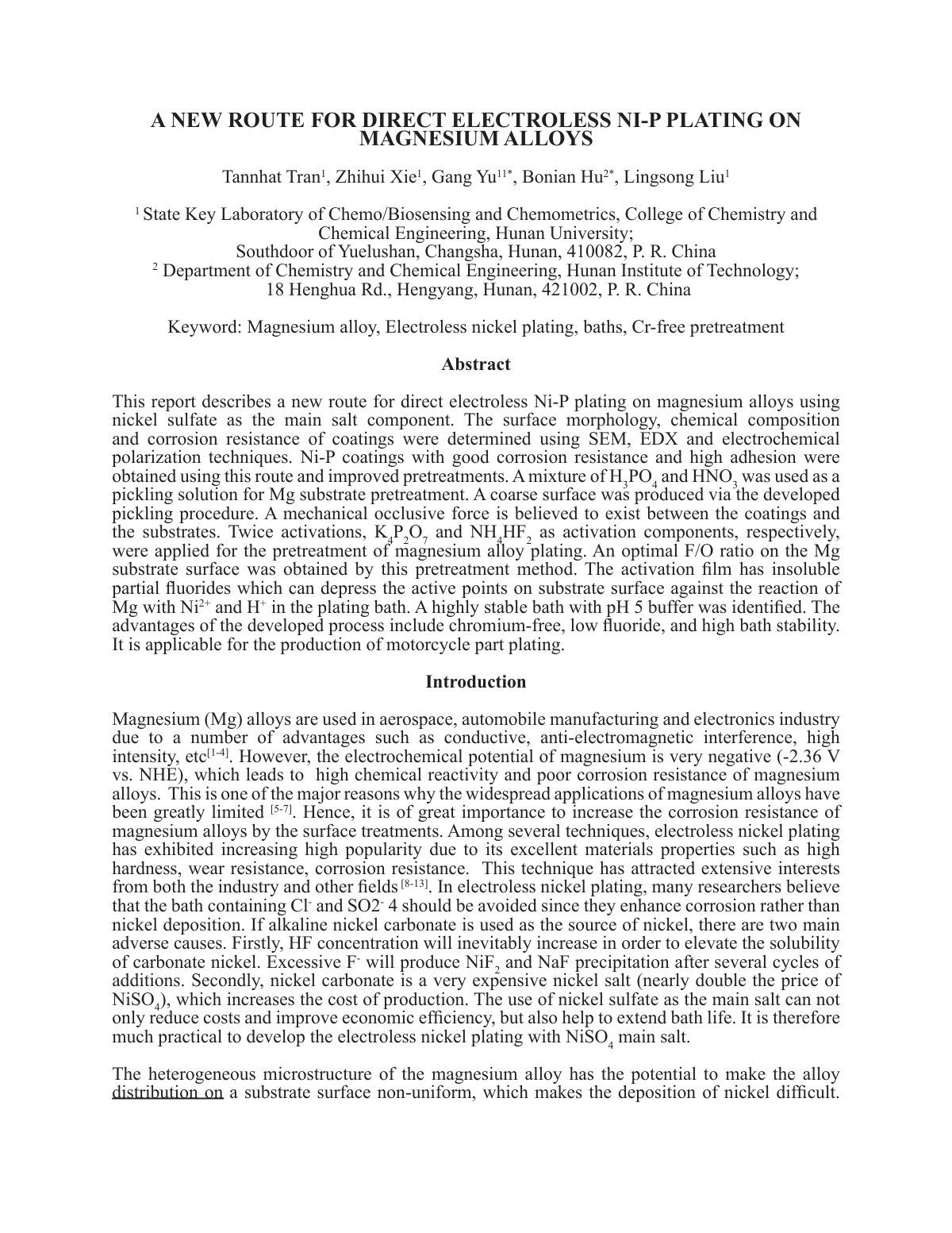 First page of A NEW ROUTE FOR DIRECT ELECTROLESS NI-P PLATING ON MAGNESIUM ALLOYS