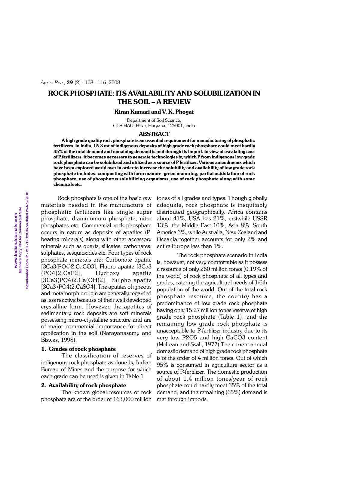 First page of ROCK PHOSPHATE ITS AVAILABILITY AND SOLU
