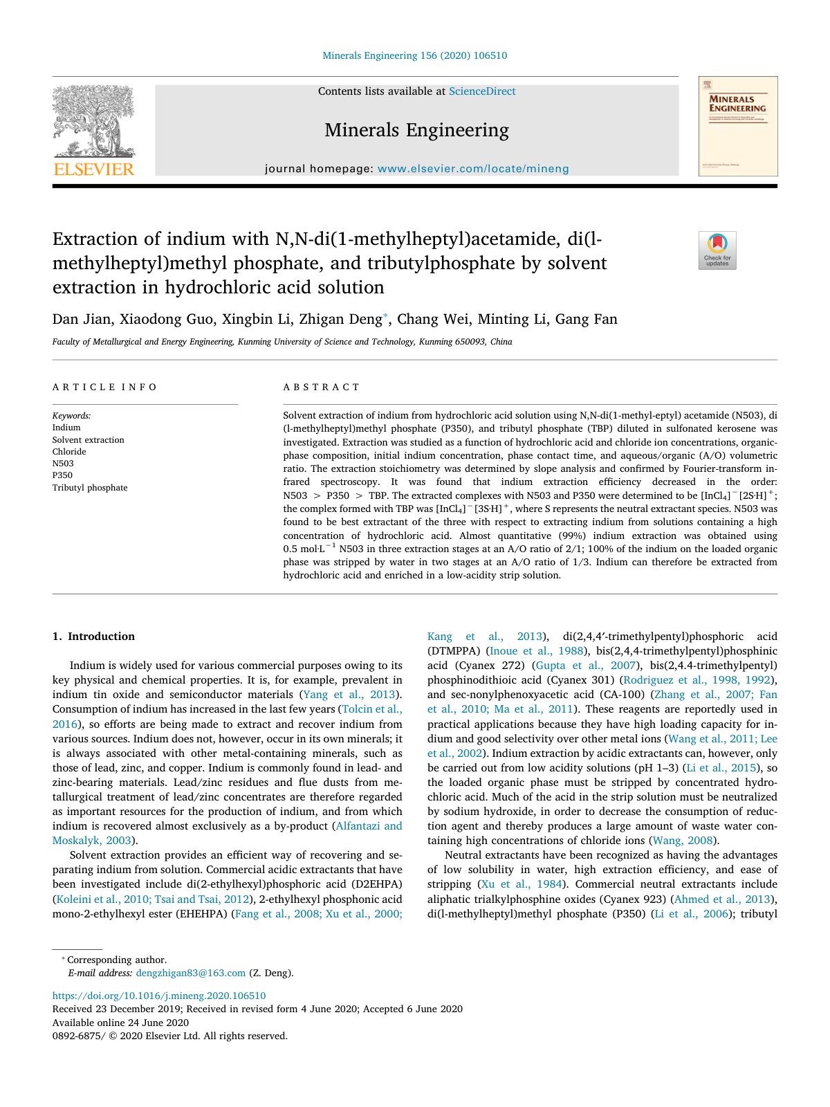 First page of Extraction of indium with N N di 1 methylheptyl acetamide  di l 2020 Mineral