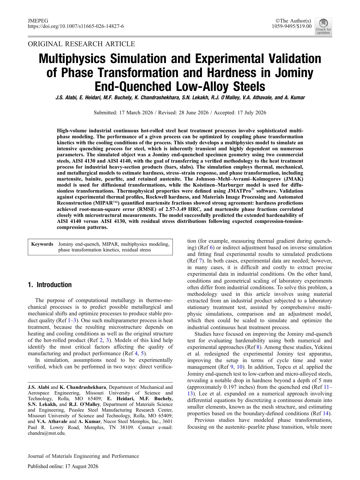 First page of 2026 Alabi Jominy Phase Transformation Hardness
