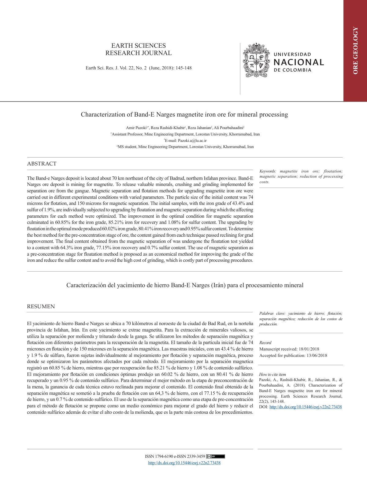 First page of Characterization of Band-E Narges magnetite iron ore for mineral processing