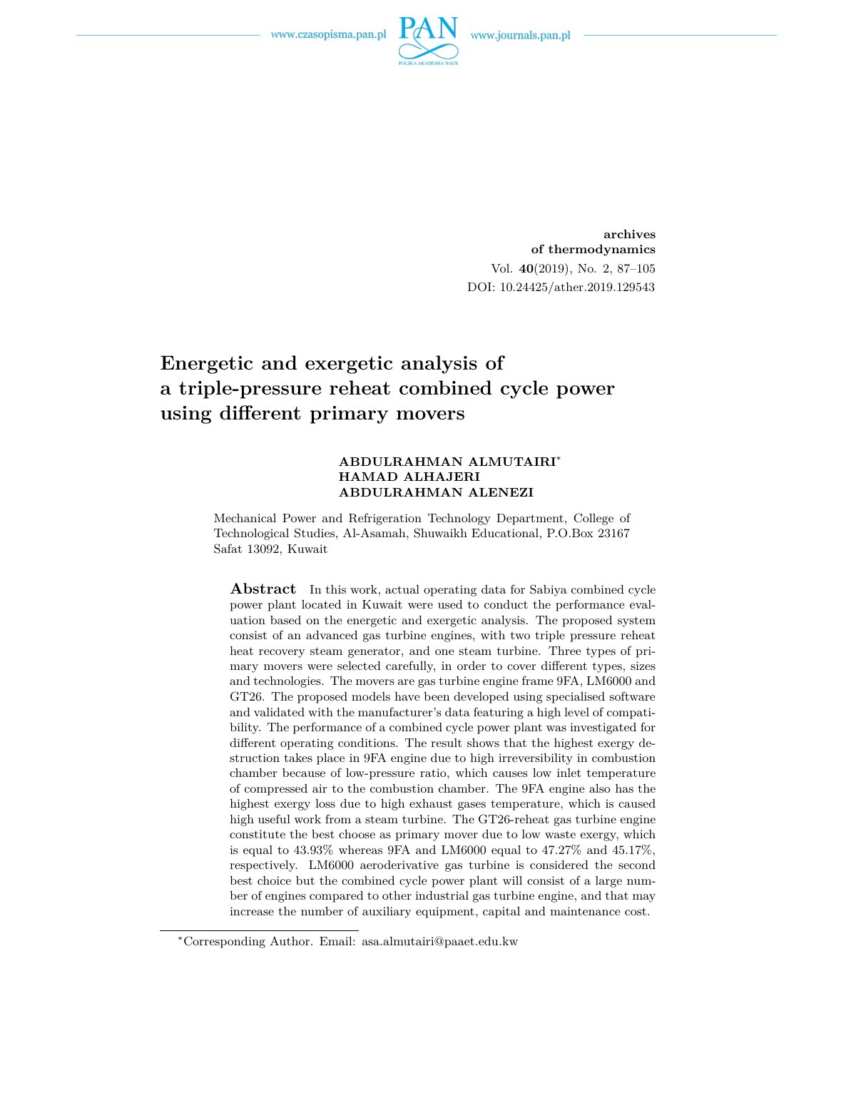 First page of Energetic and exergetic analysis of a tr