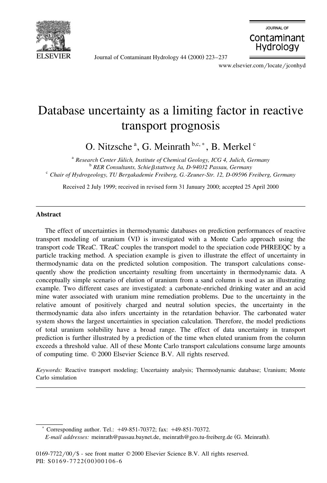 First page of Database uncertainty as a limiting factor in reactive transport prognosis