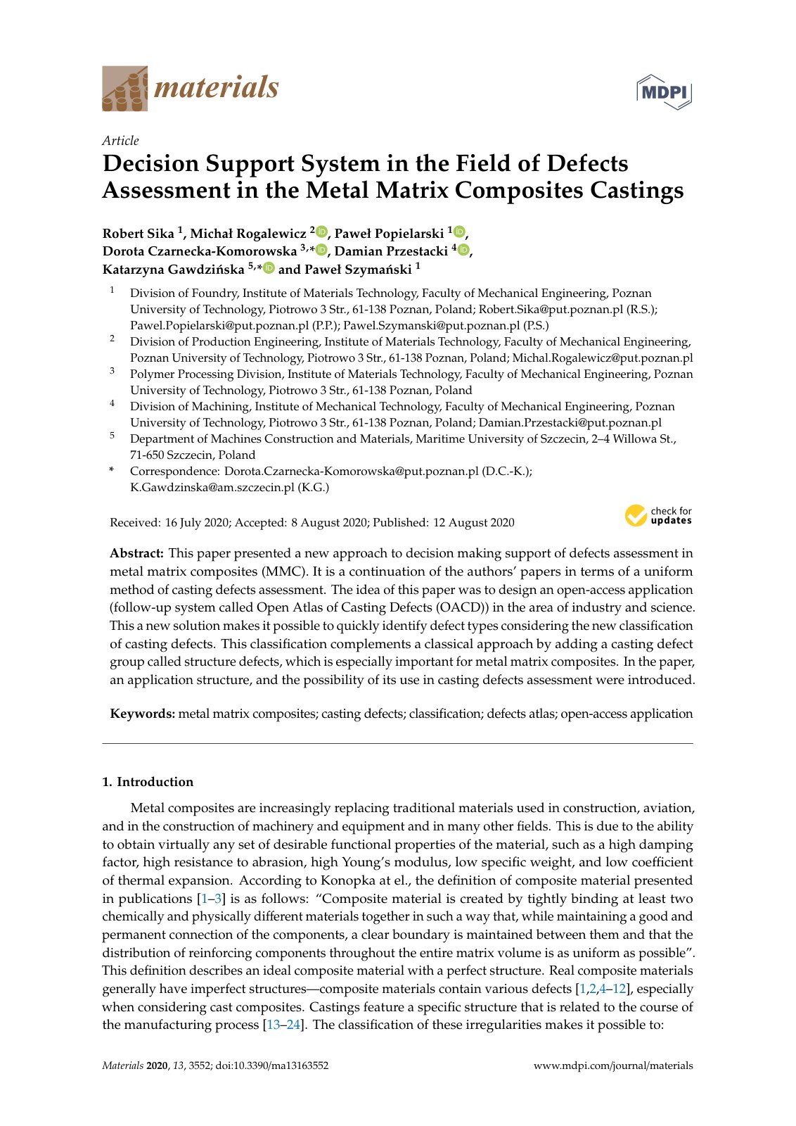 First page of Decision Support System in the Field of Defects Assessment in the Metal Matrix Composites Castings
