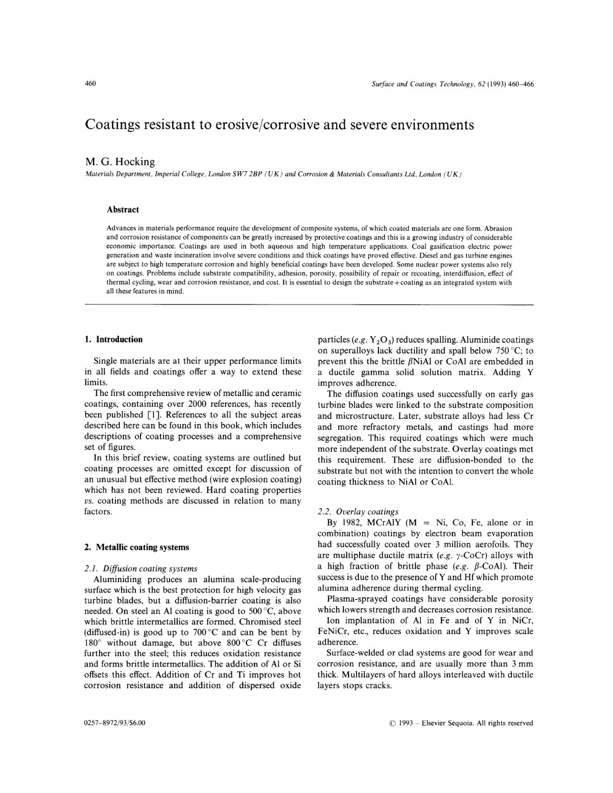 First page of Coatings resistant to erosive/corrosive and severe environments