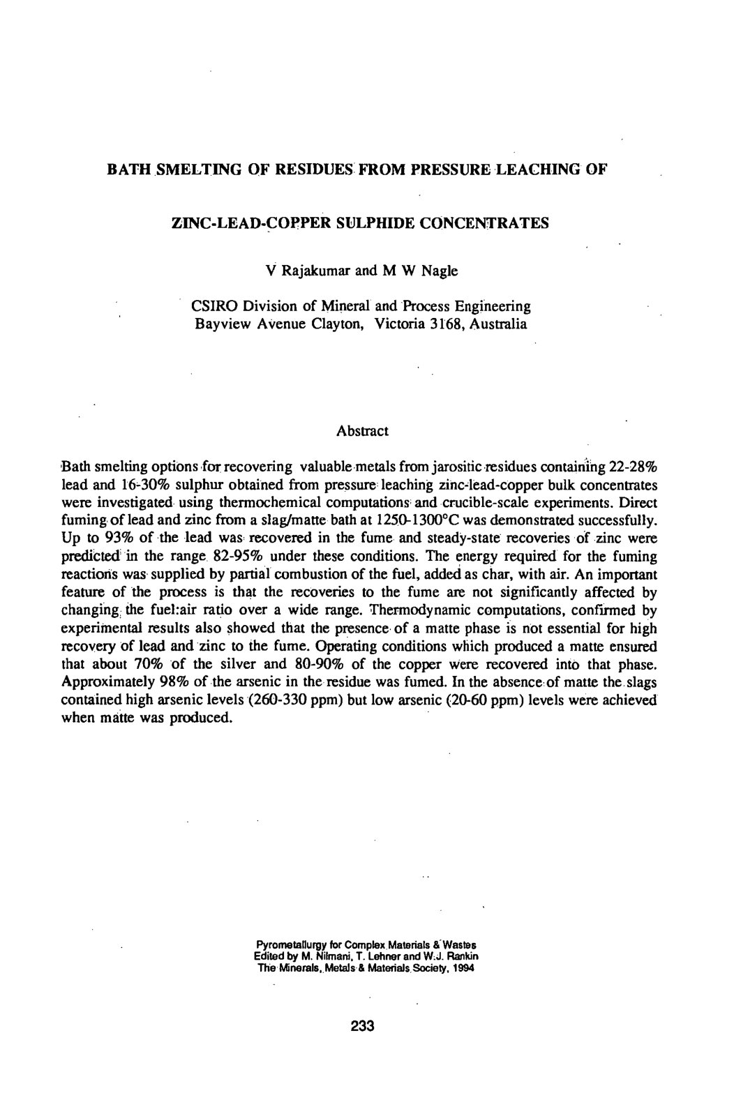 First page of Bath Smelting Of Residues From Pressure Leaching Of Zinc Lead Copper Sulphide Concentrates