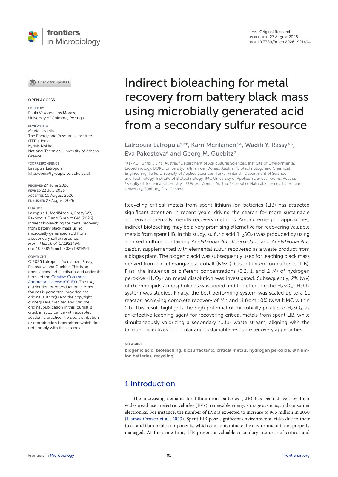 First page of Indirect bioleaching for metal recovery from battery black mass using microbially generated acid from a secondary sulfur resource