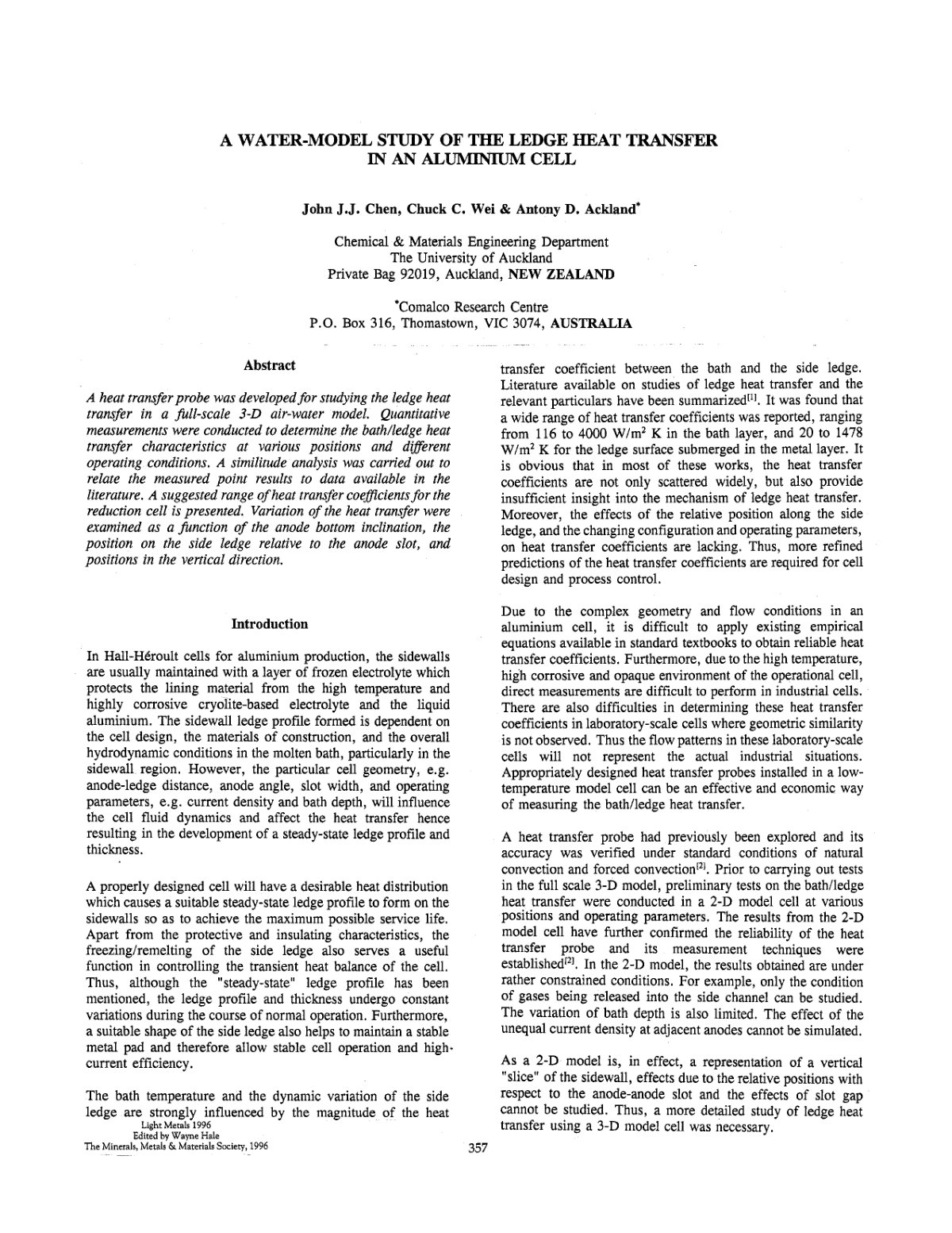 First page of A WATER-MODEL STUDY OF THE LEDGE HEAT TRANSFER IN AN ALUMINIUM CELL