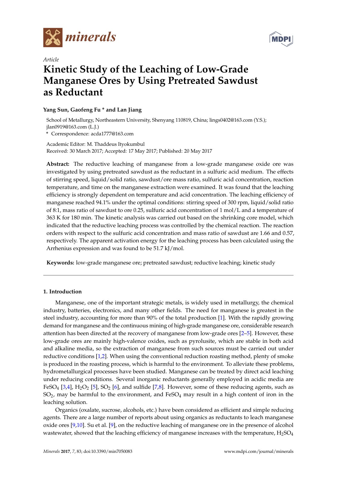 First page of Kinetic Study of the Leaching of Low-Grade Manganese Ores by Using Pretreated Sawdust as Reductant