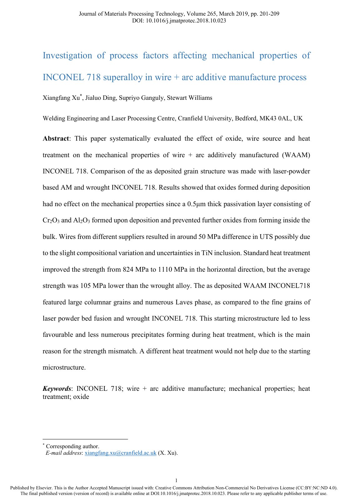 First page of Investigation of process factors affecting mechanical properties of INCONEL 718 superalloy in wire + arc additive manufacture process