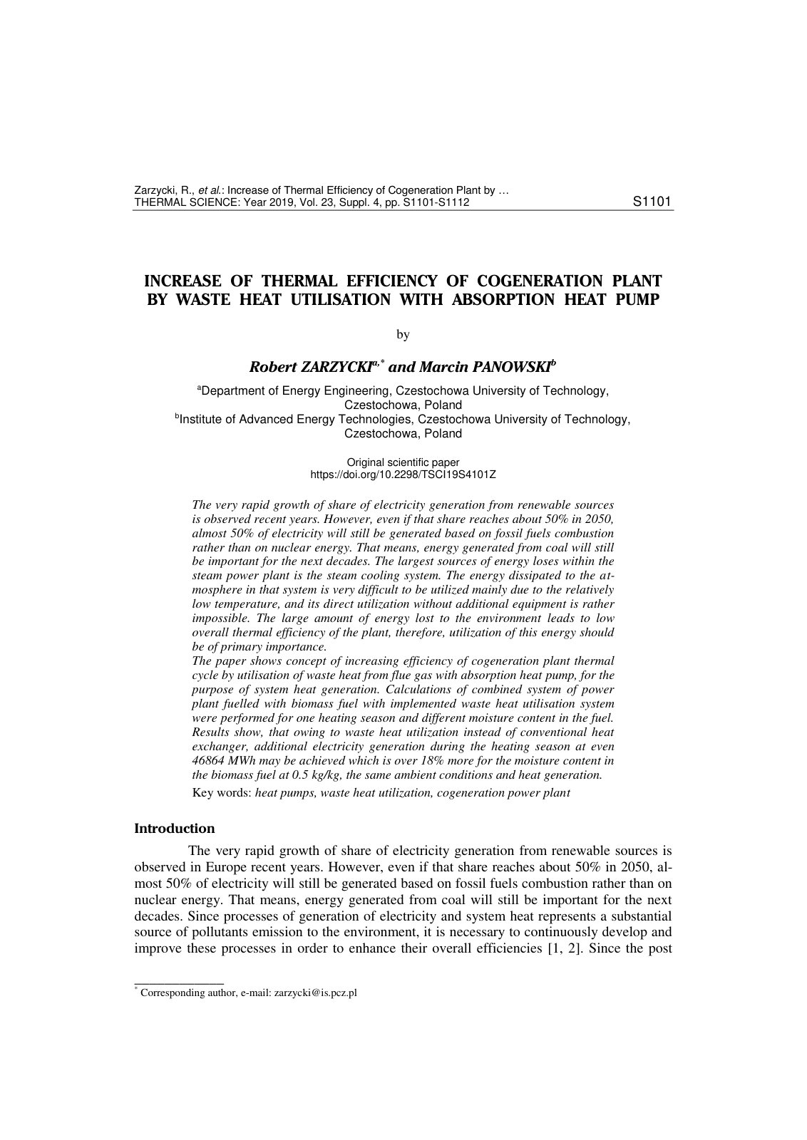 First page of Increase of thermal efficiency of cogene