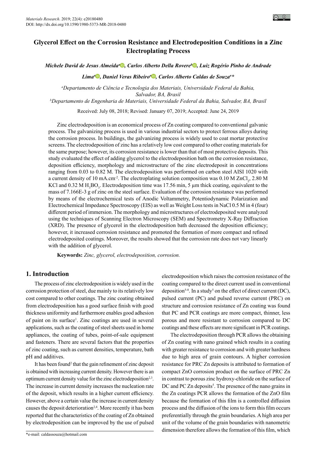 First page of Glycerol Effect on the Corrosion Resistance and Electrodeposition Conditions in a Zinc Electroplating Process