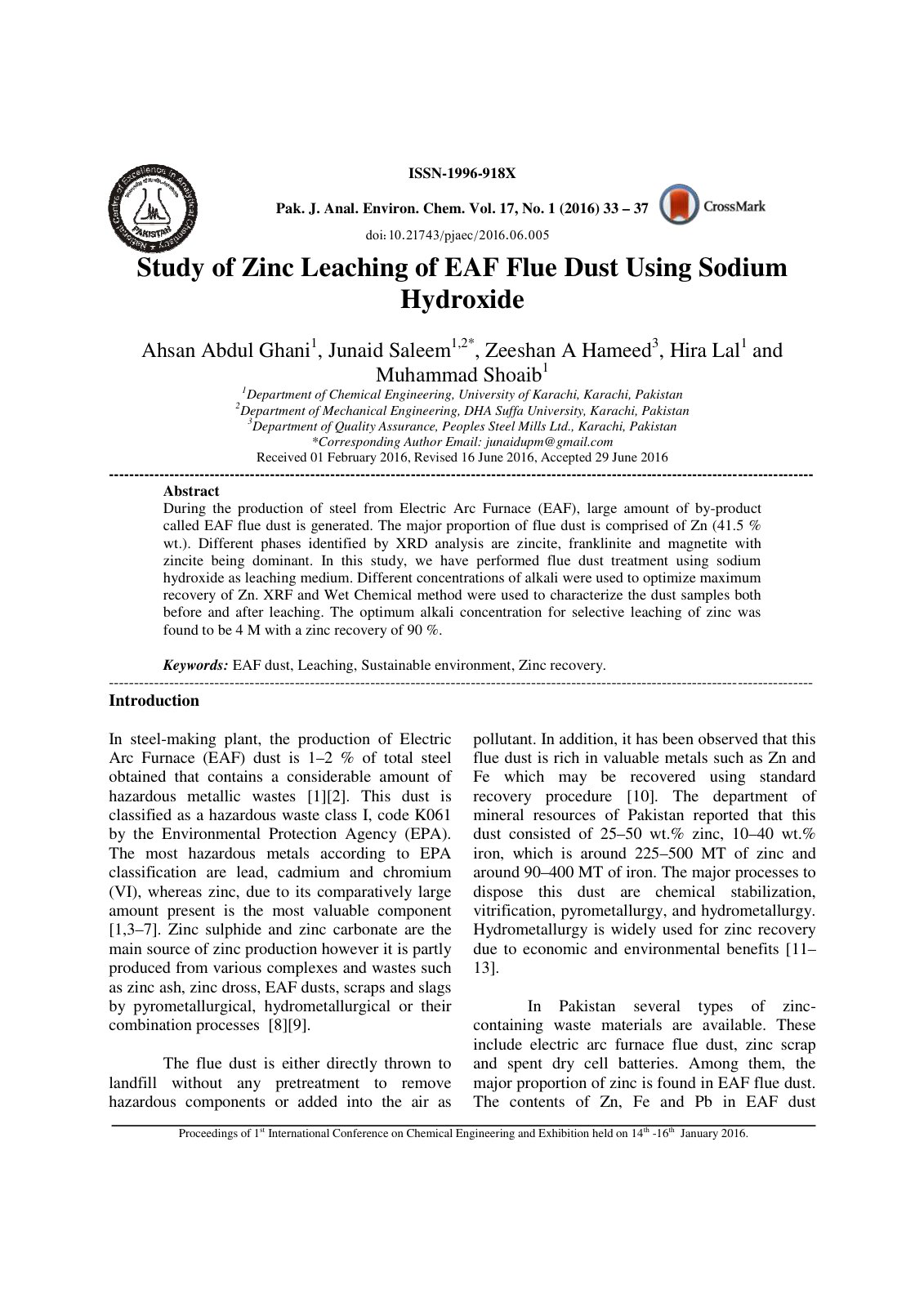 First page of Study of Zinc Leaching of EAF Flue Dust