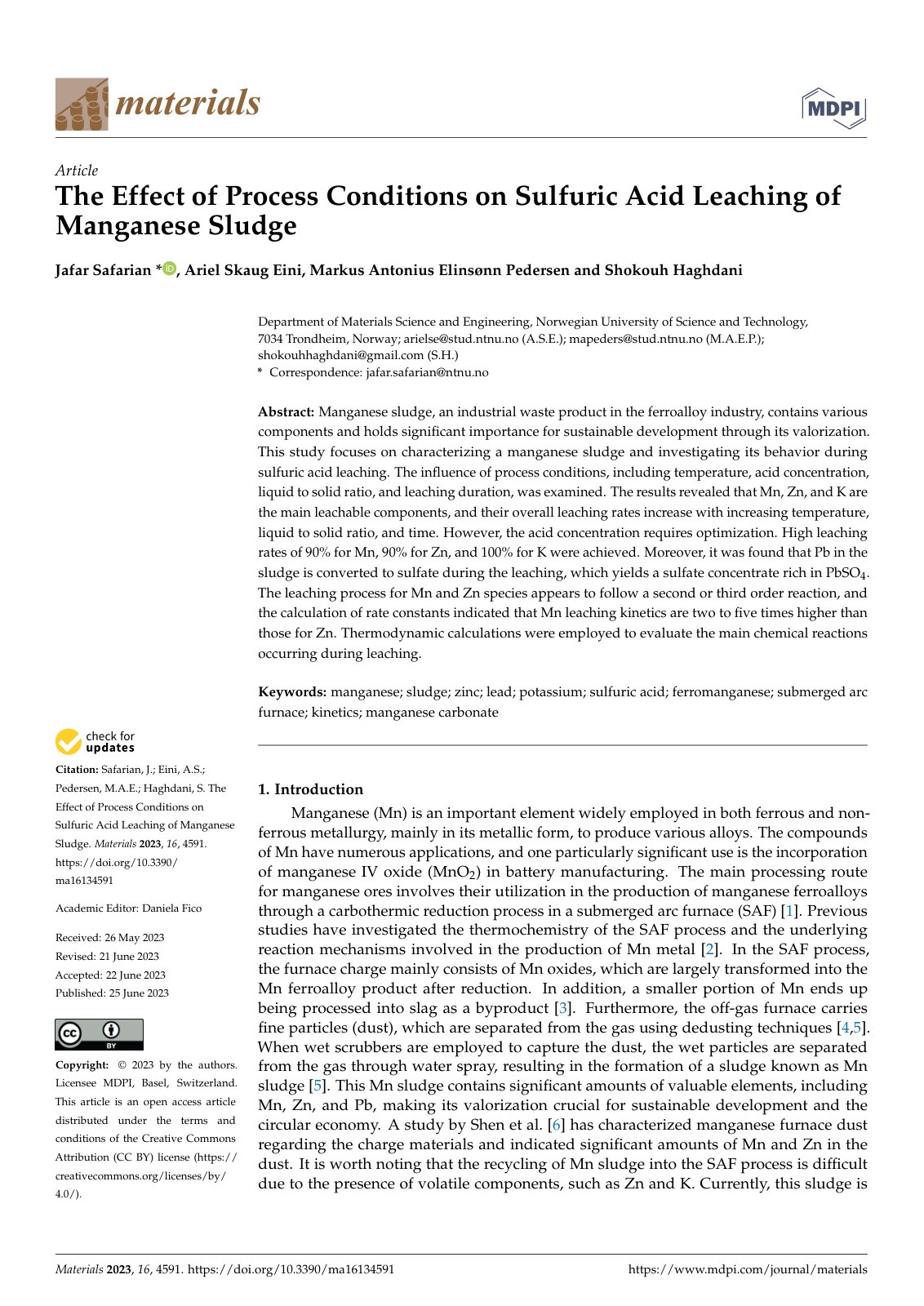 First page of The Effect of Process Conditions on Sulfuric Acid Leaching of Manganese Sludge